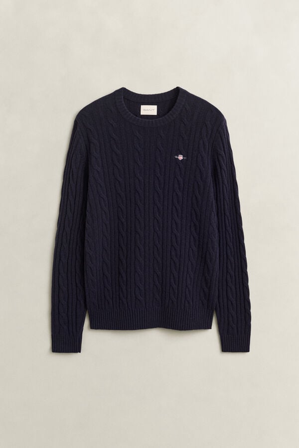 Lambswool Cable Knit Crew Neck Sweater — EVENING BLUE