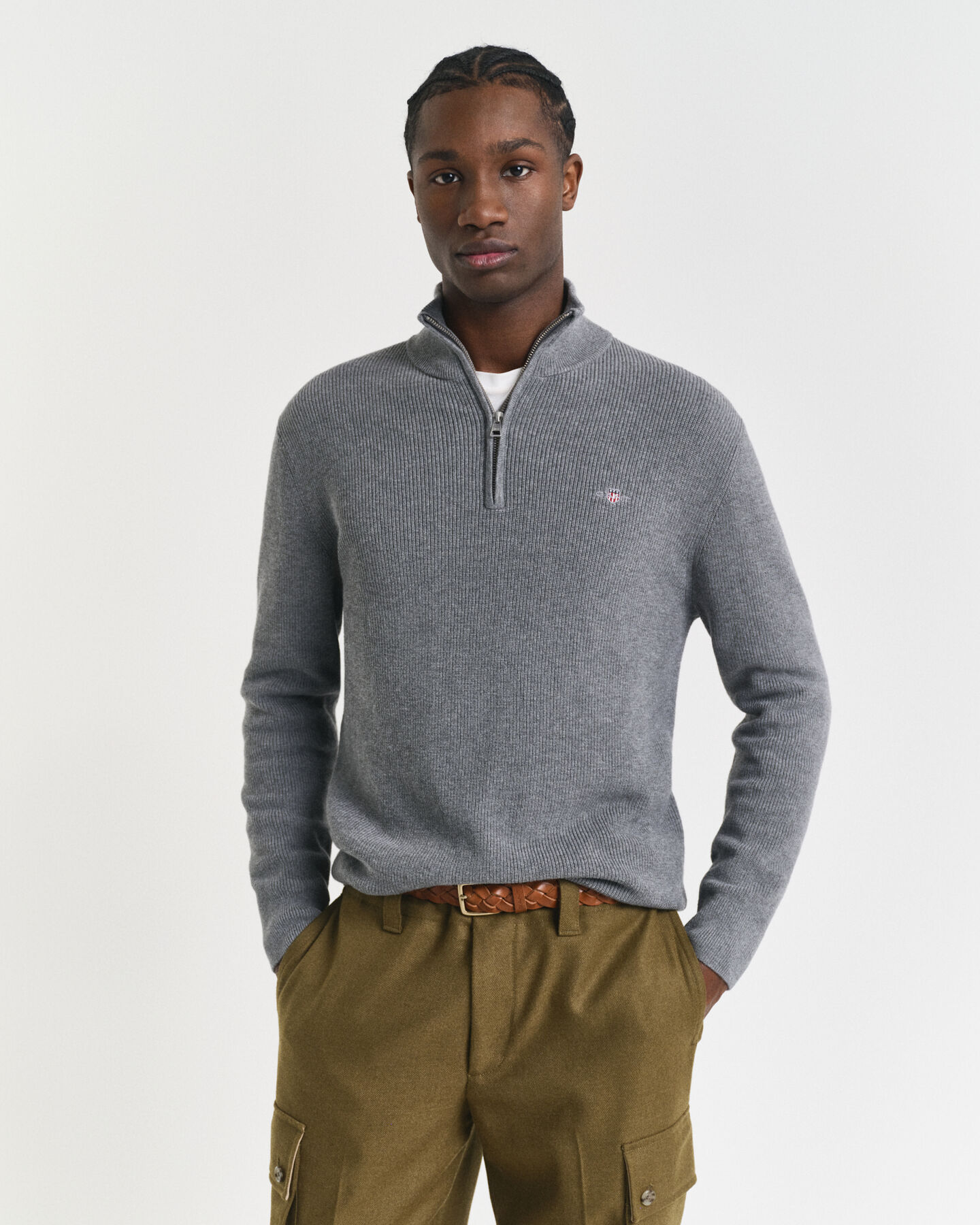 Ribbed Cotton Merino Wool Half-Zip Sweater