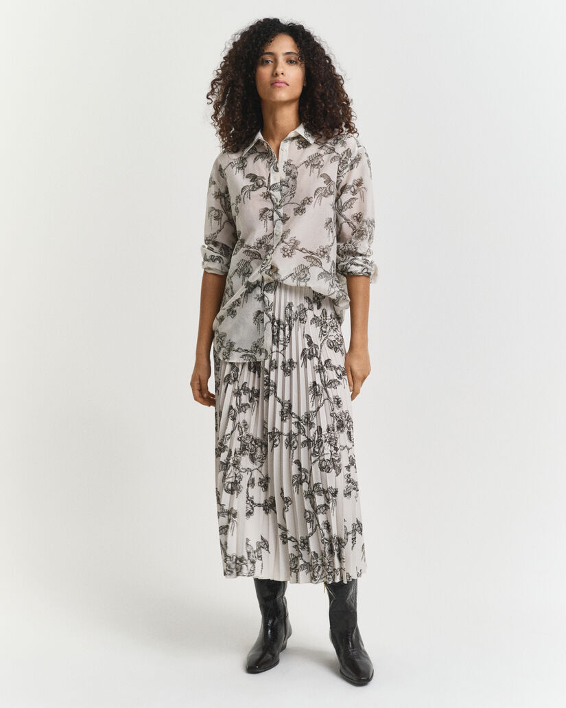 Pleated Tree Printed Midi Skirt