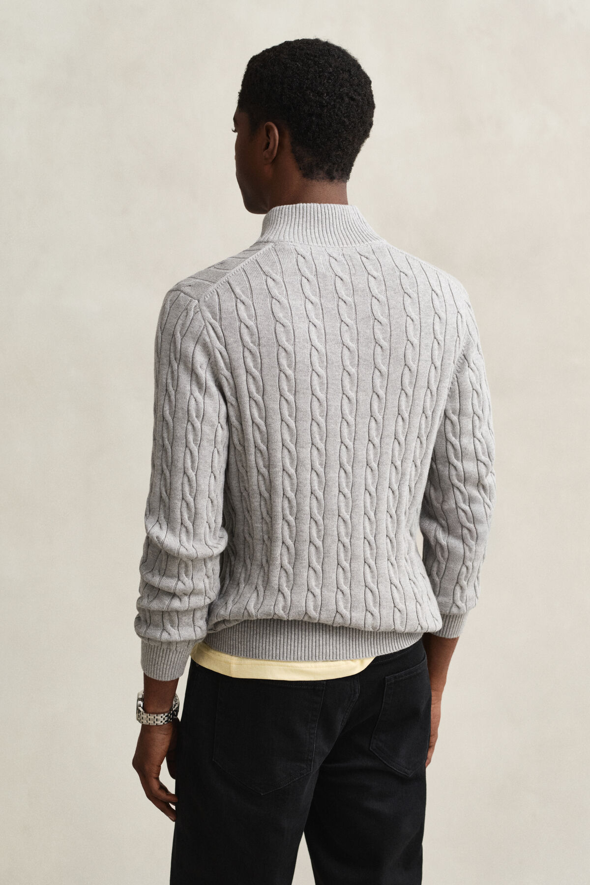 Cotton Cable Knit Half-Zip Sweater — GREY MELANGE