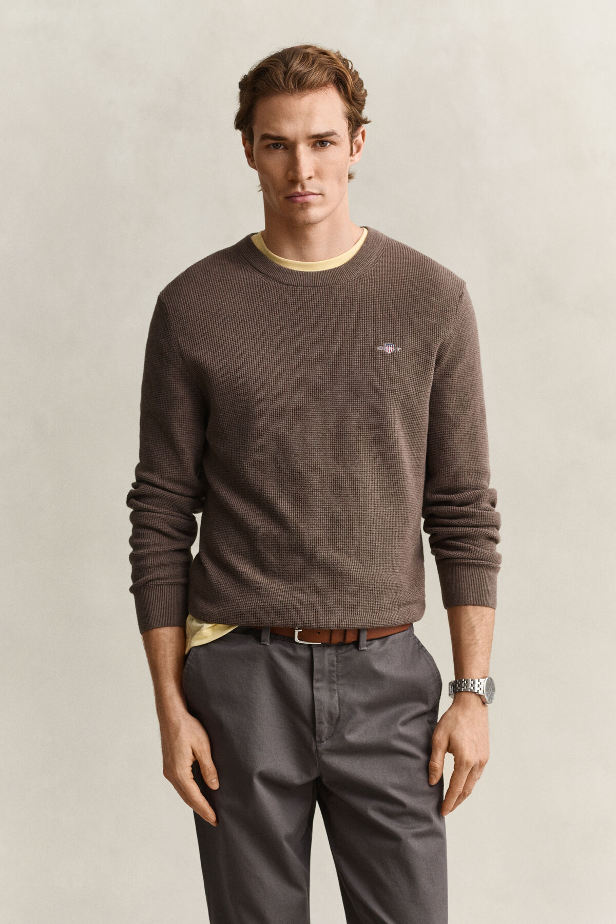 Textured Cotton Crew Neck Sweater — DK HAZELNUT MELANGE
