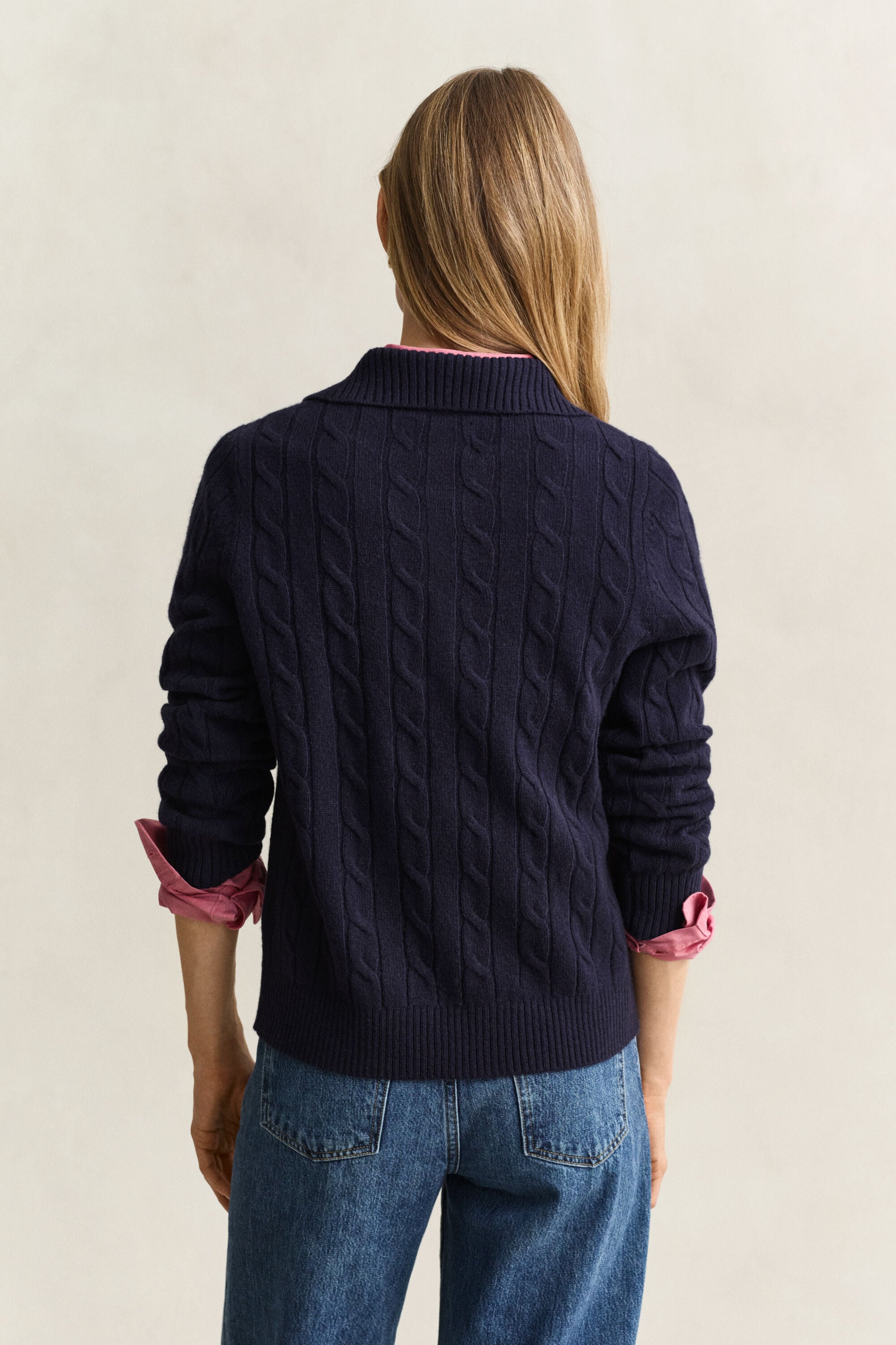 Lambswool Cable Knit Rugger — EVENING BLUE