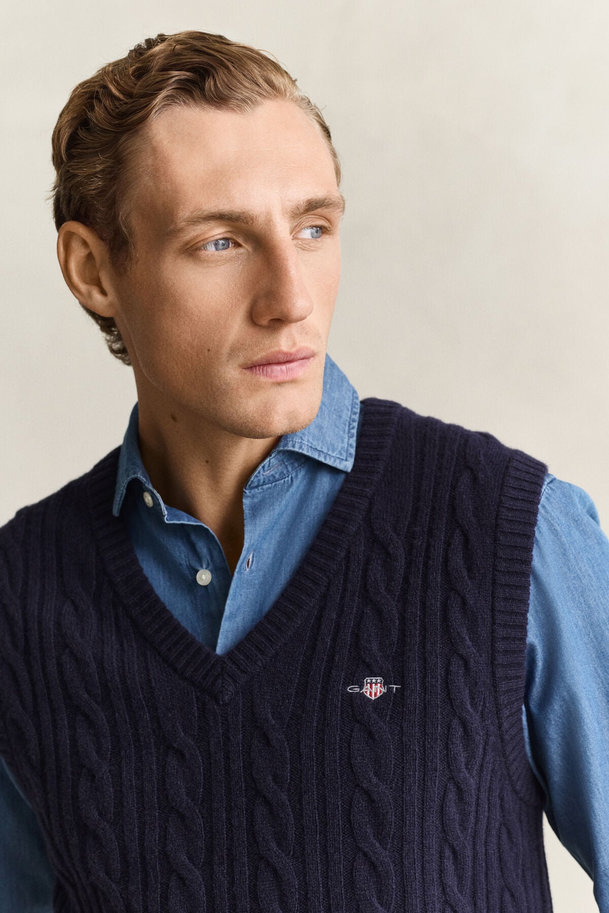 Lambswool Cable Knit Vest — EVENING BLUE