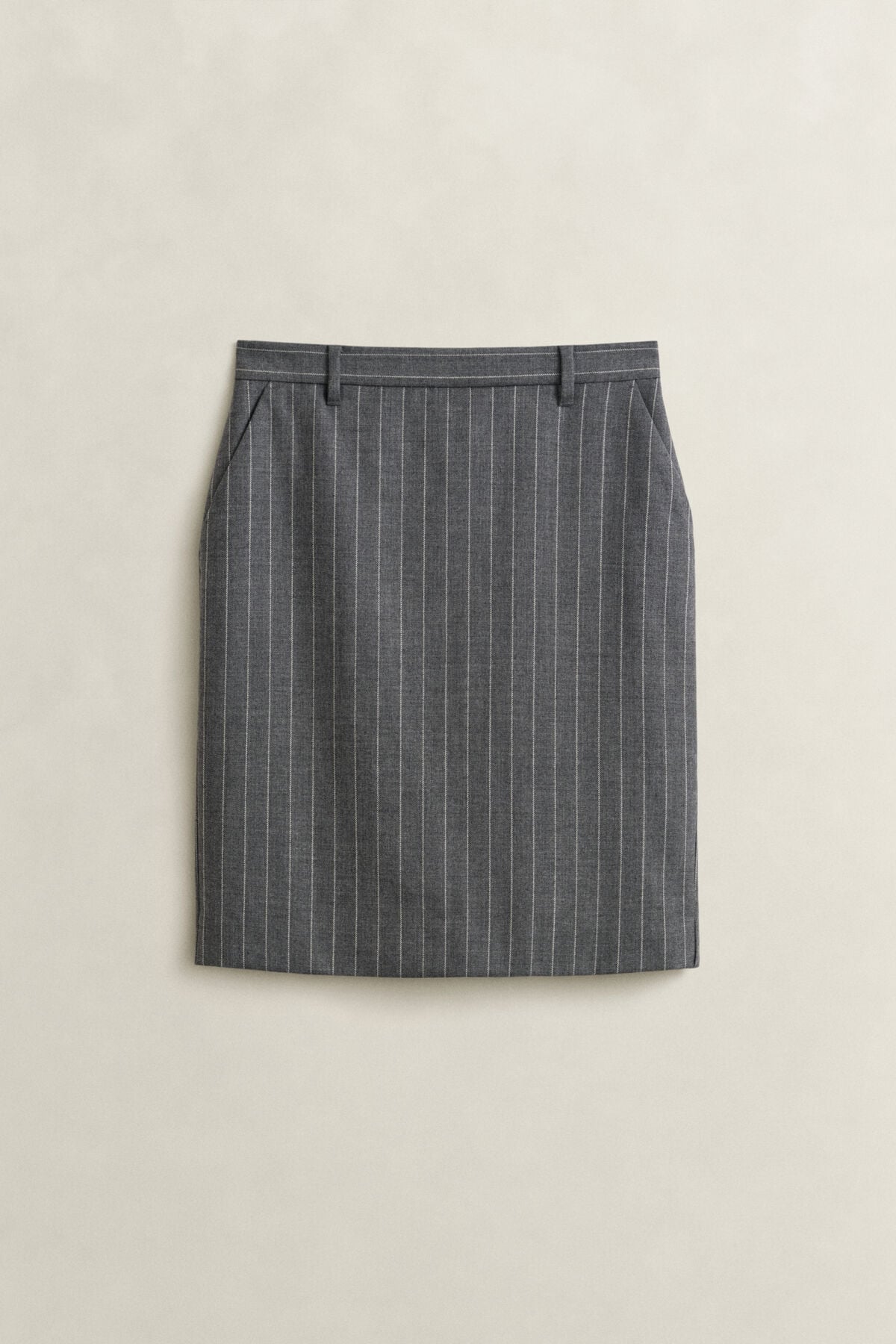 Pinstriped Wool Pencil Skirt — CHARCOAL MELANGE