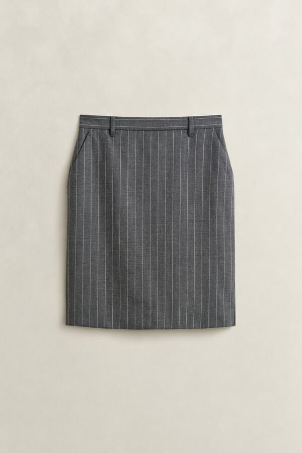 Pinstriped Wool Pencil Skirt — CHARCOAL MELANGE