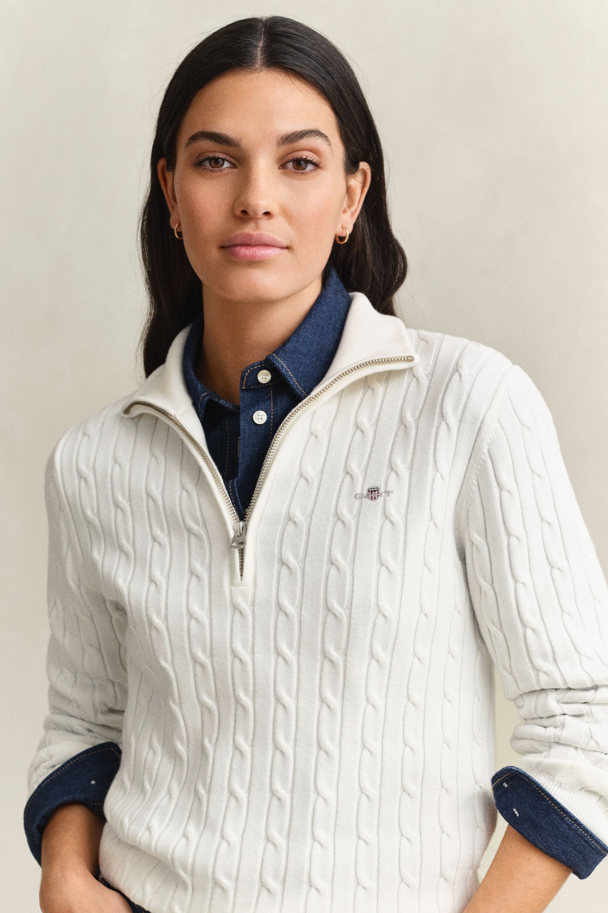 Stretch Cotton Cable Knit Half-Zip Sweater