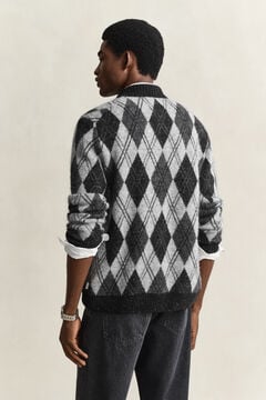 Alpaca Wool Blend Argyle Polo Cardigan — BLACK 2