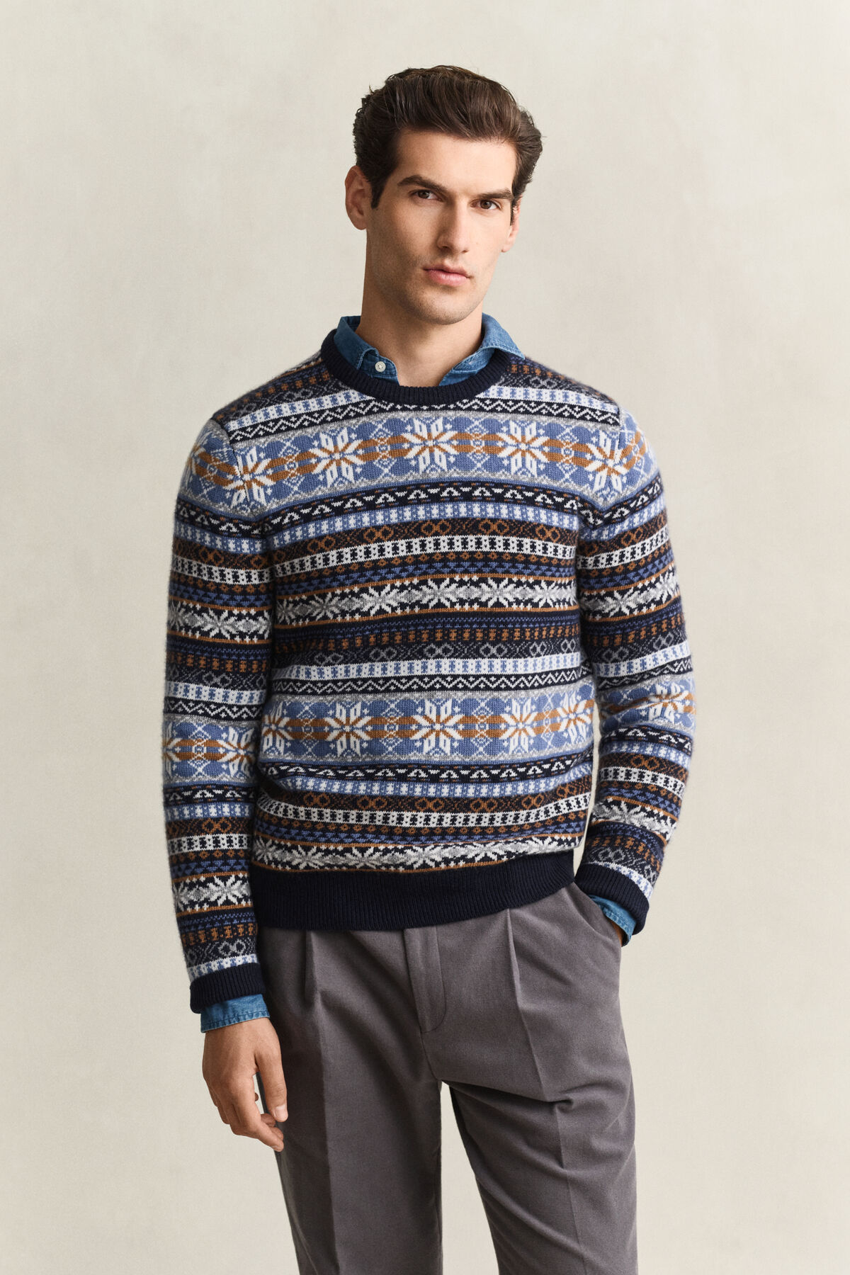 Fair Isle Crew Neck Sweater — EVENING BLUE