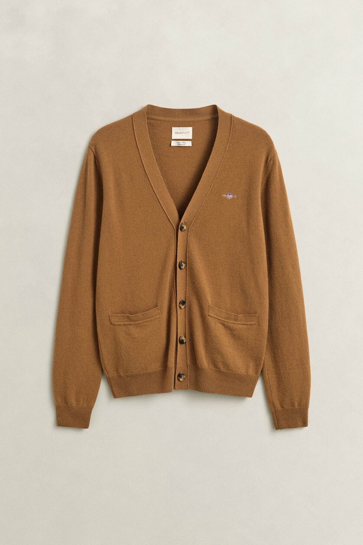 Lambswool V-Neck Cardigan — CARAMEL BROWN
