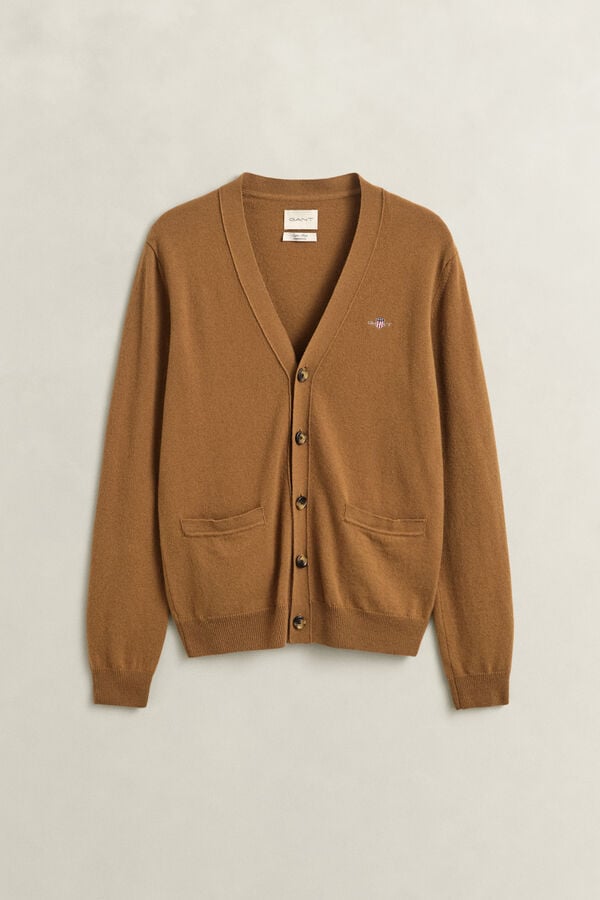 Lambswool V-Neck Cardigan — CARAMEL BROWN