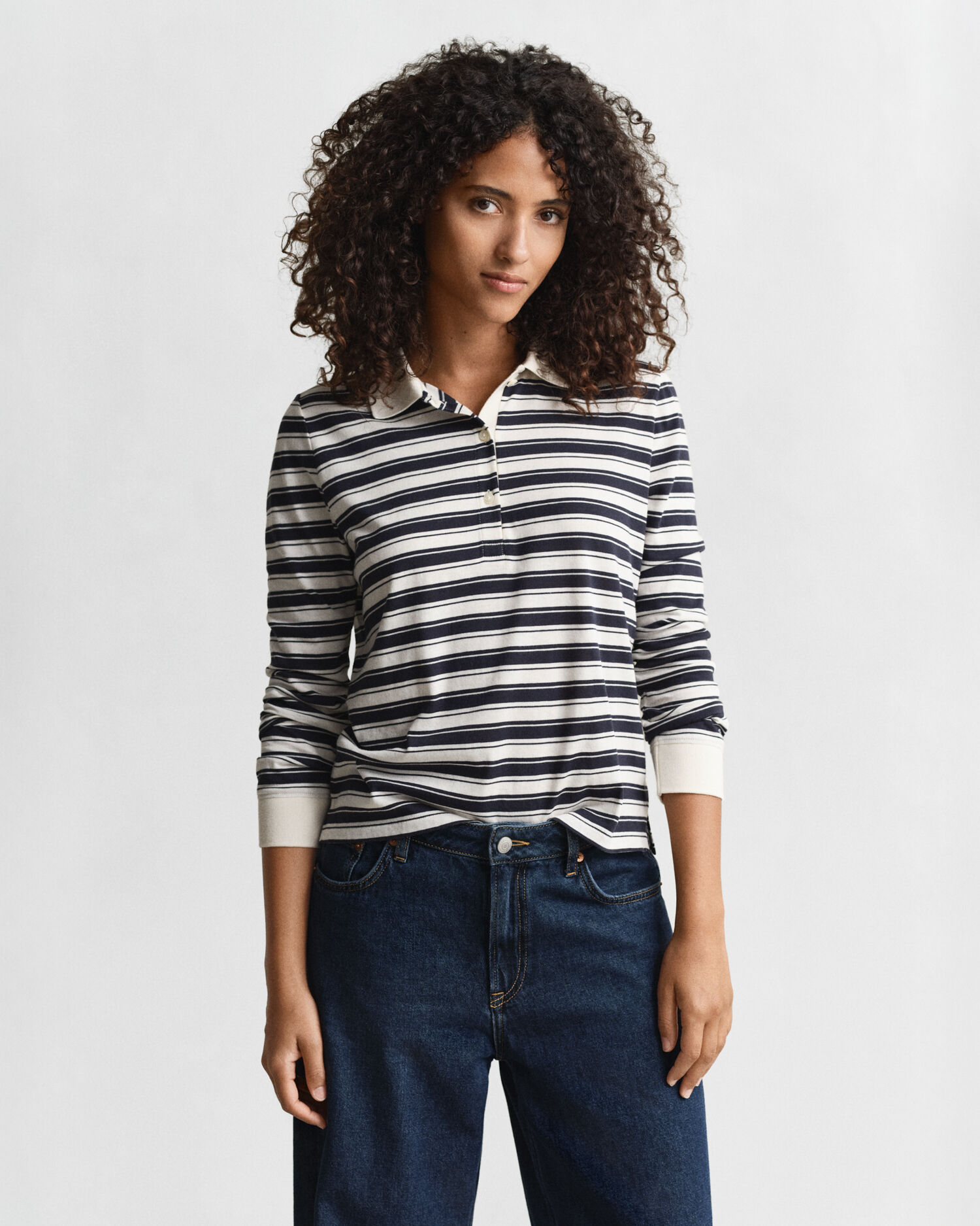 Striped Long Sleeve Polo Shirt — CREAM