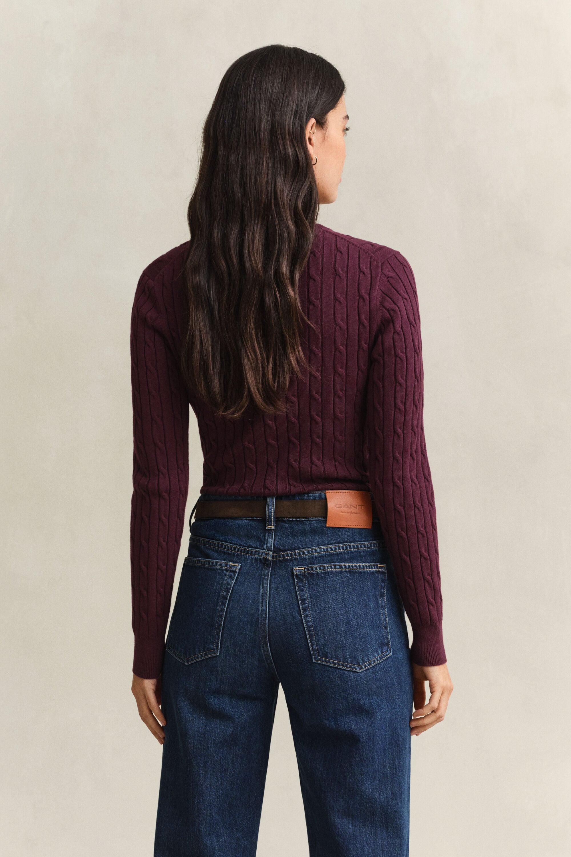 Stretch Cotton Cable Knit Crew Neck Sweater