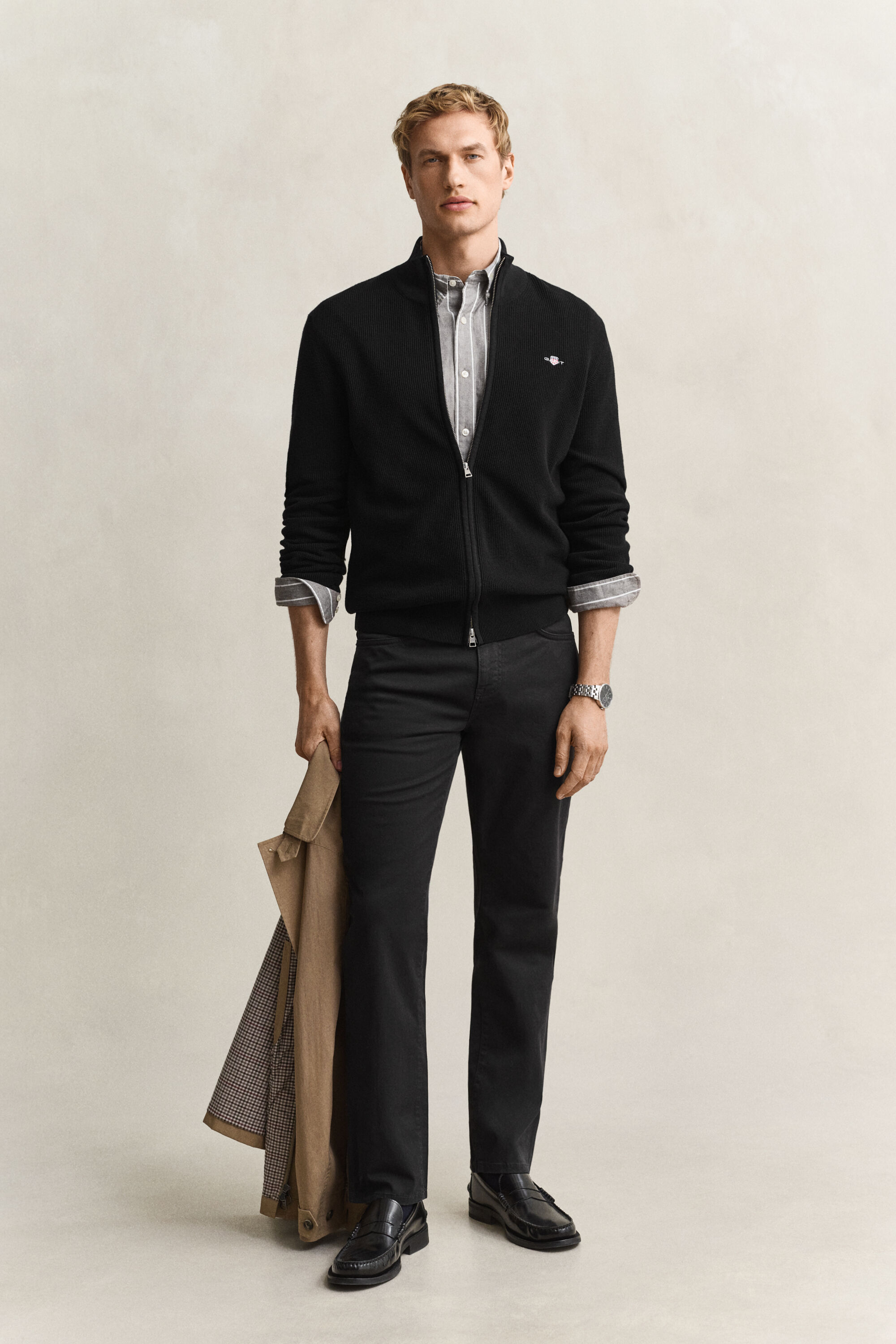 Textured Cotton Zip Cardigan