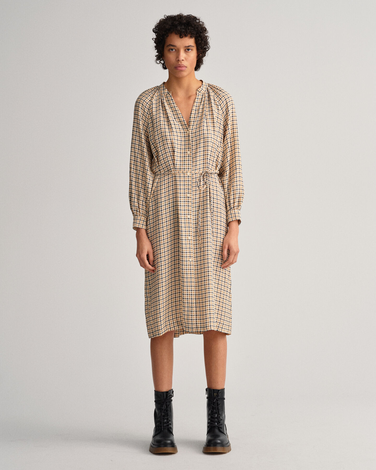 Check Stand Collar Shirt Dress