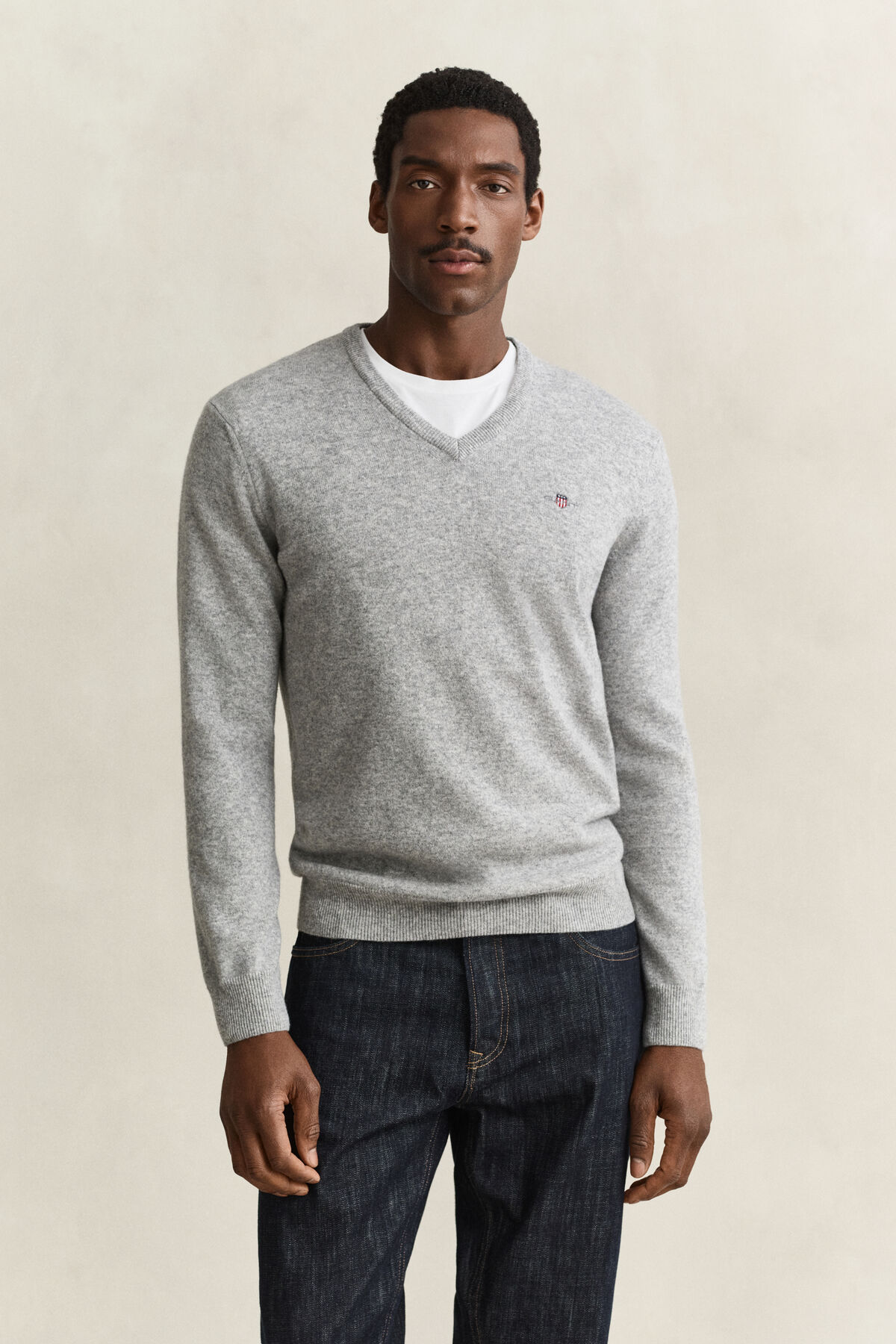 Lambswool V-Neck Sweater — GREY MELANGE