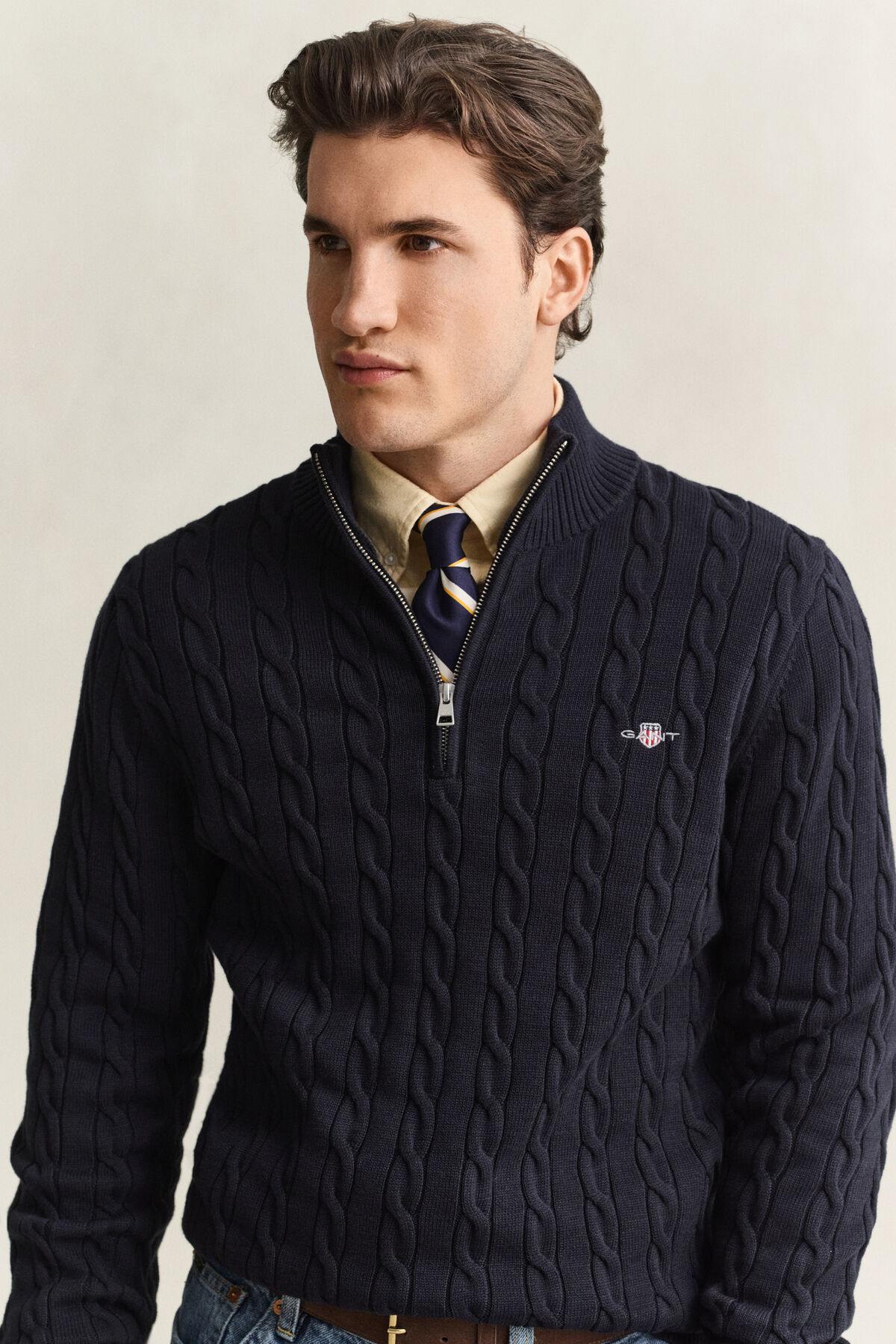 Cotton Cable Knit Half-Zip Sweater — EVENING BLUE