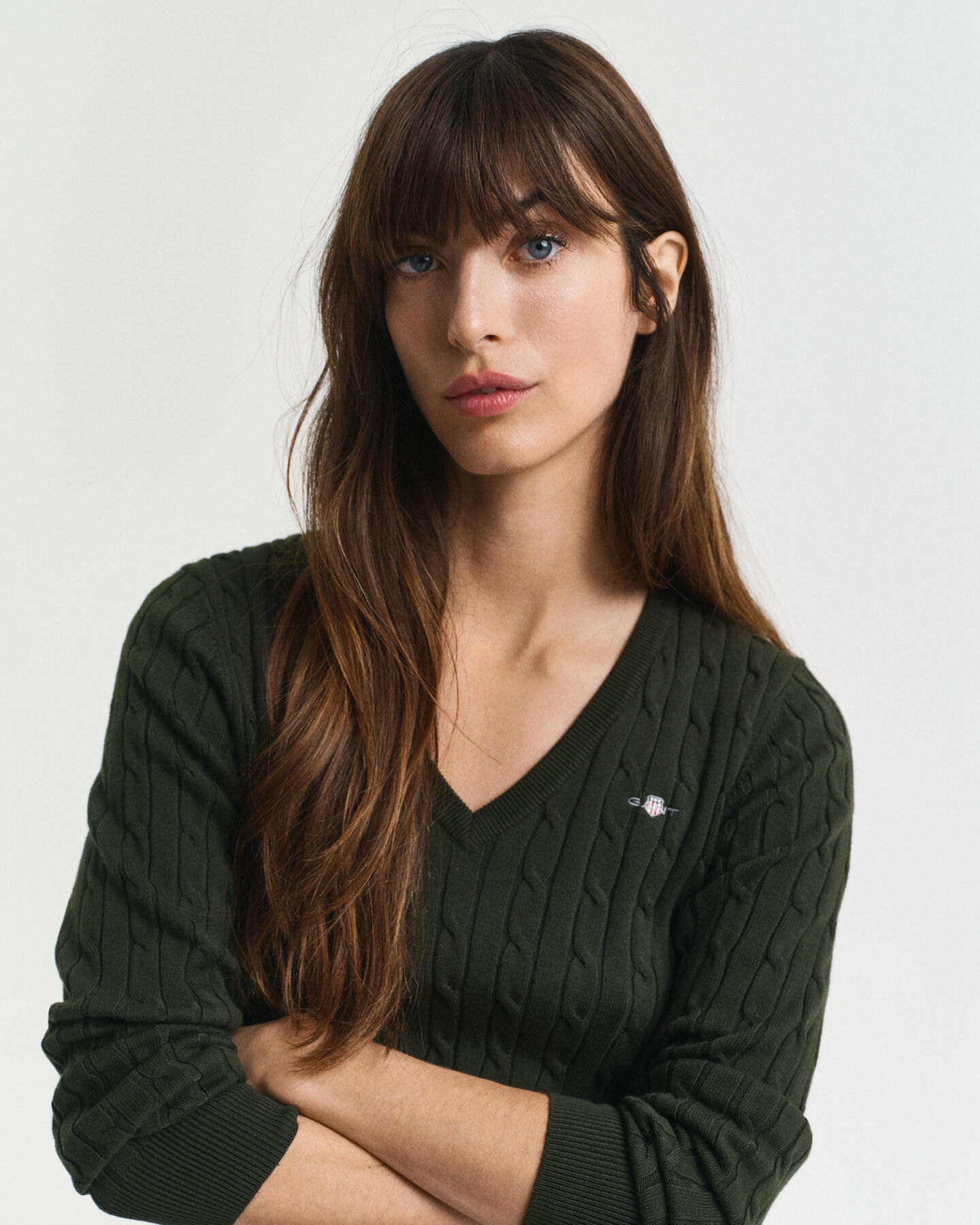 Stretch Cotton Cable Knit V-Neck Sweater