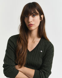 Stretch Cotton Cable Knit V-Neck Sweater