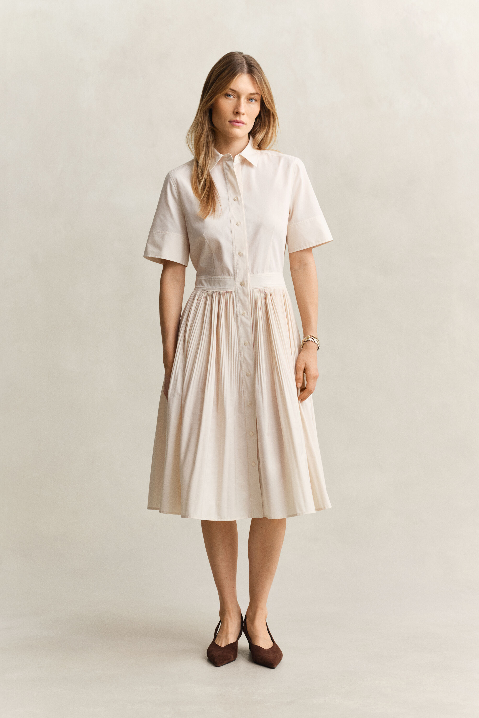 Pleated Cotton Shirt Dress