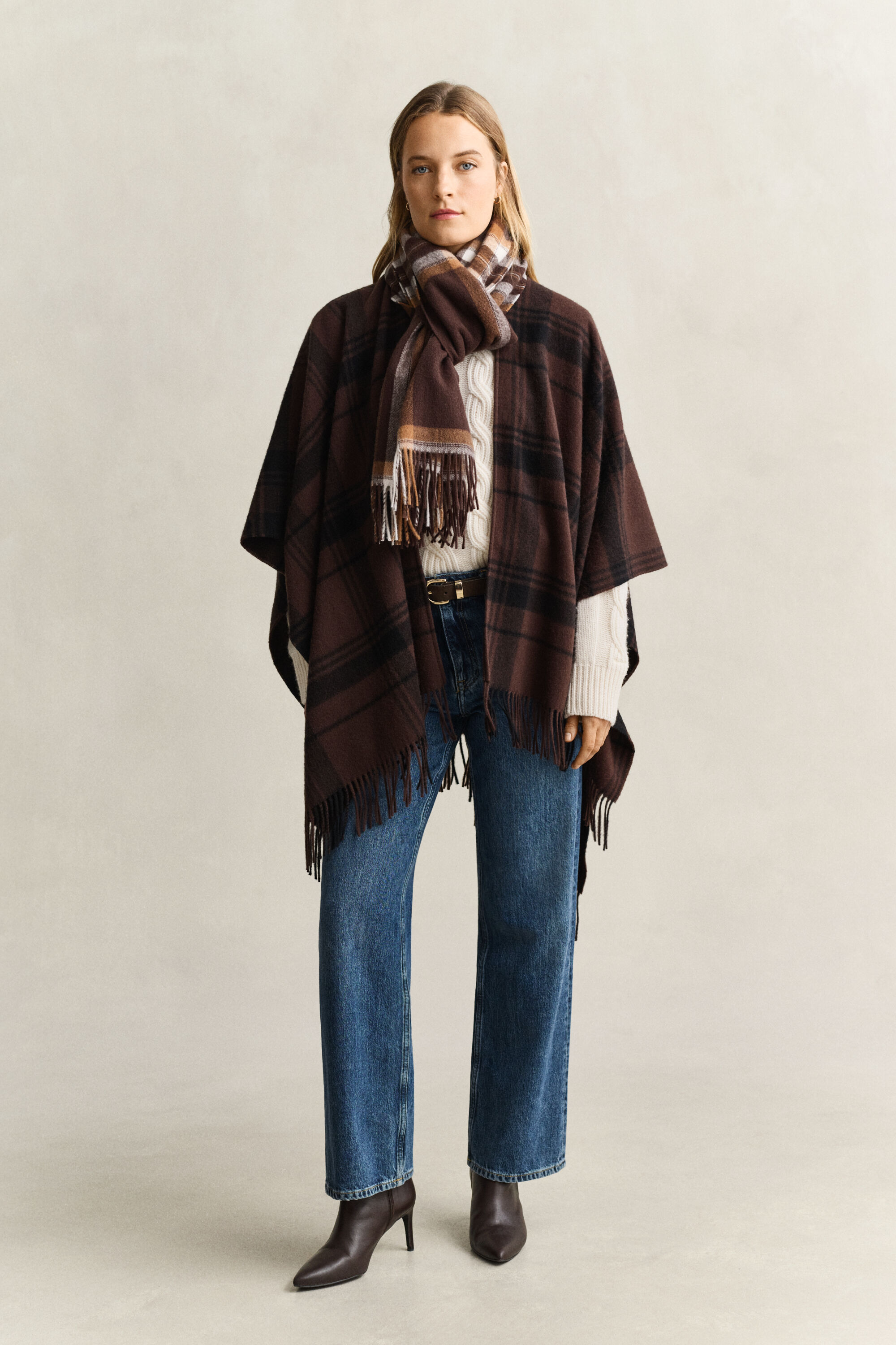 Checked Wool Poncho — DEEP BROWN