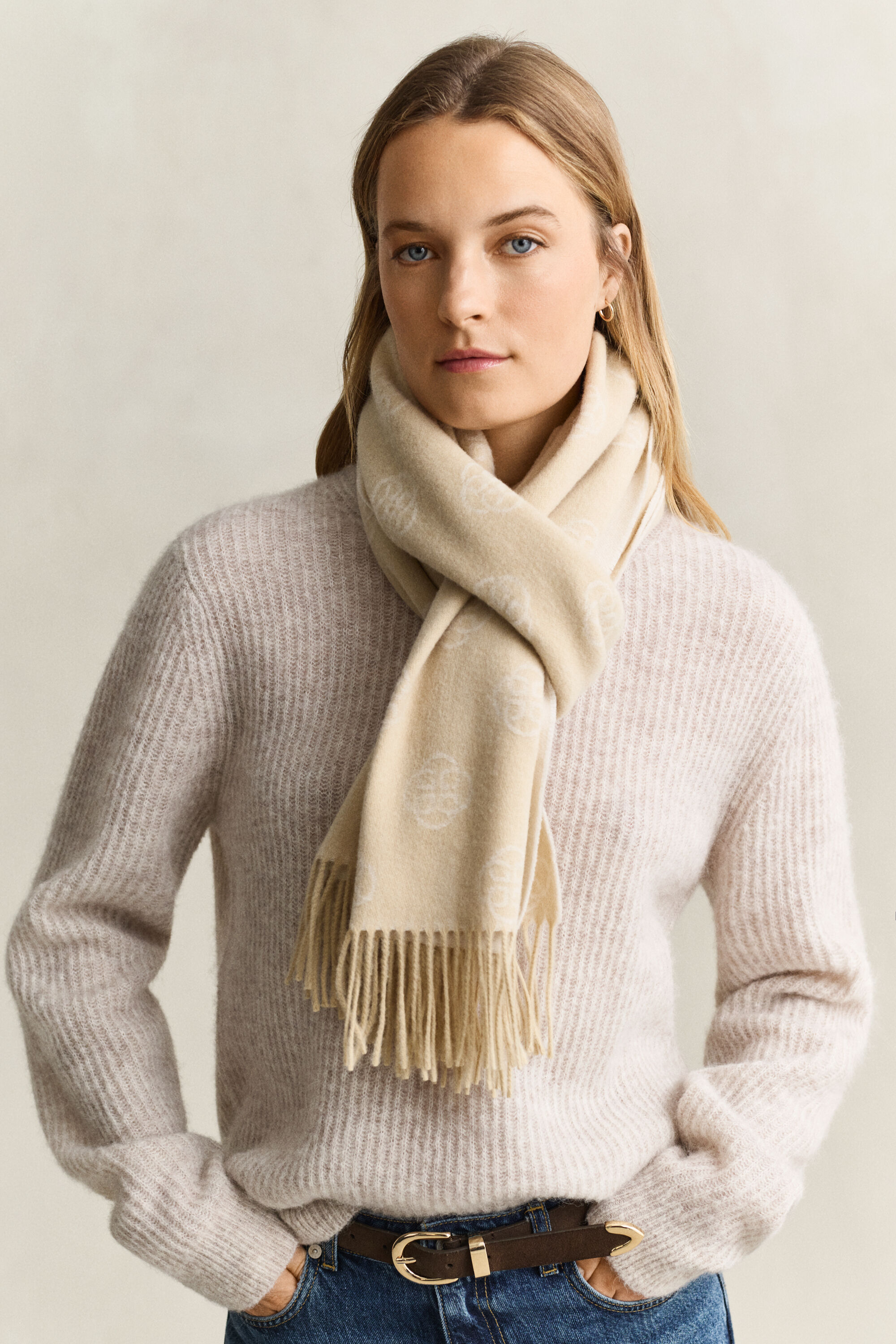 Monogram Wool Scarf — OAT BEIGE
