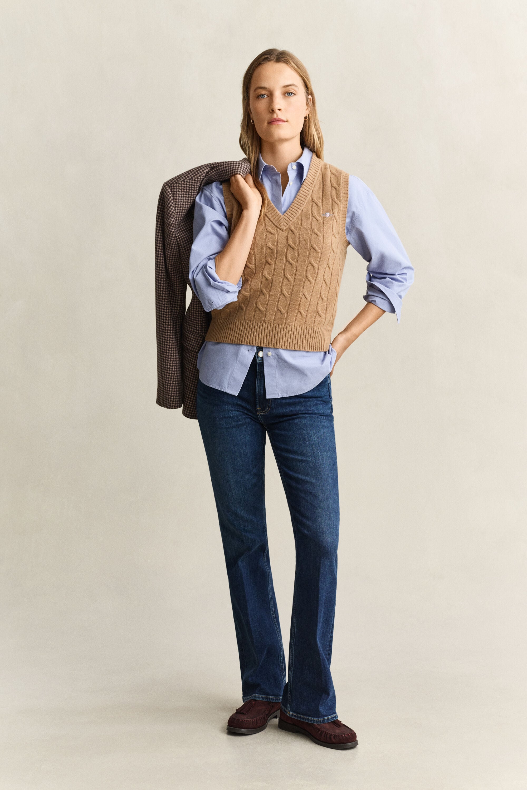 Lambswool Cable Knit Vest — WARM KHAKI