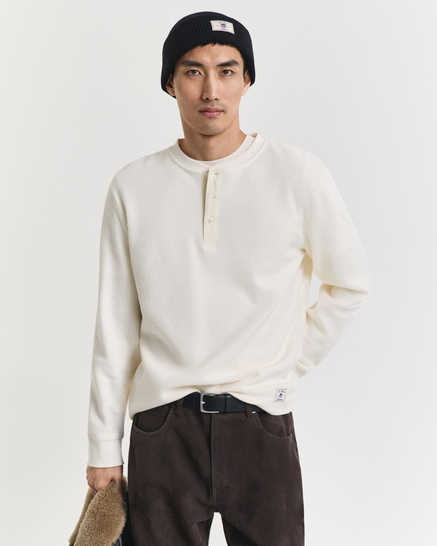 Waffle Textured Long Sleeve Henley T-Shirt