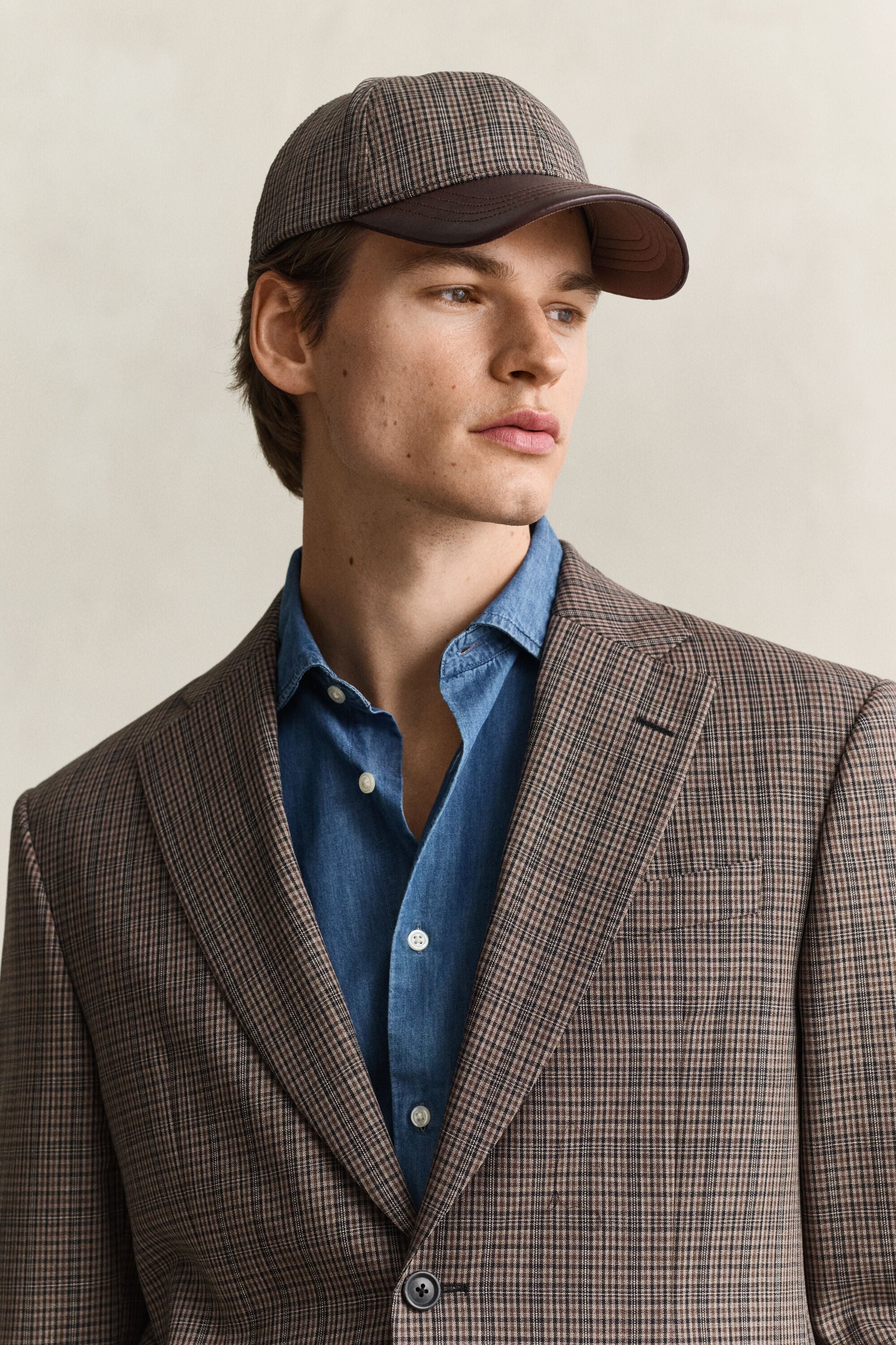 Leather Visor Checked Wool Cap