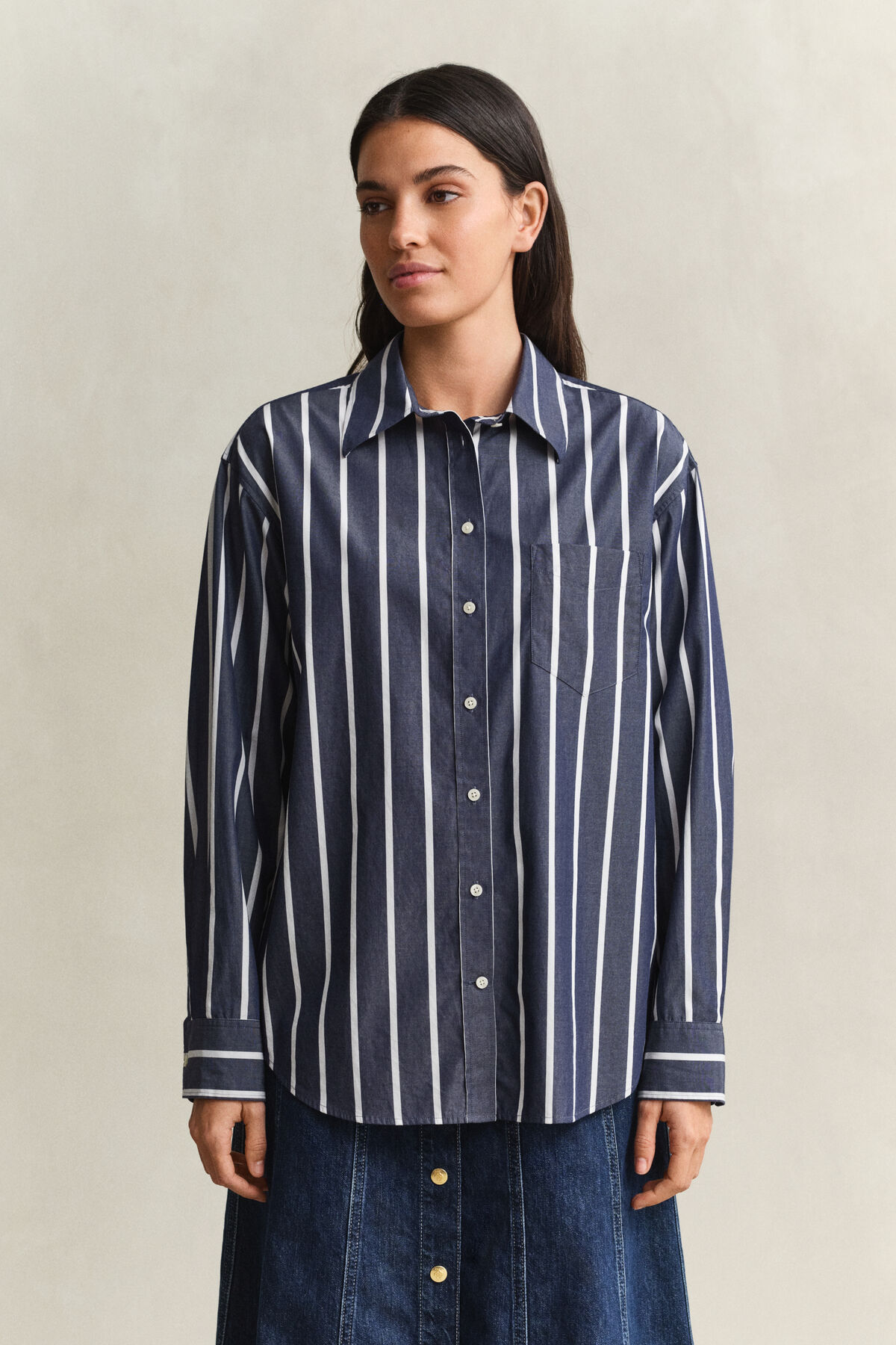 Relaxed Fit Striped Classic Poplin Shirt — EVENING BLUE