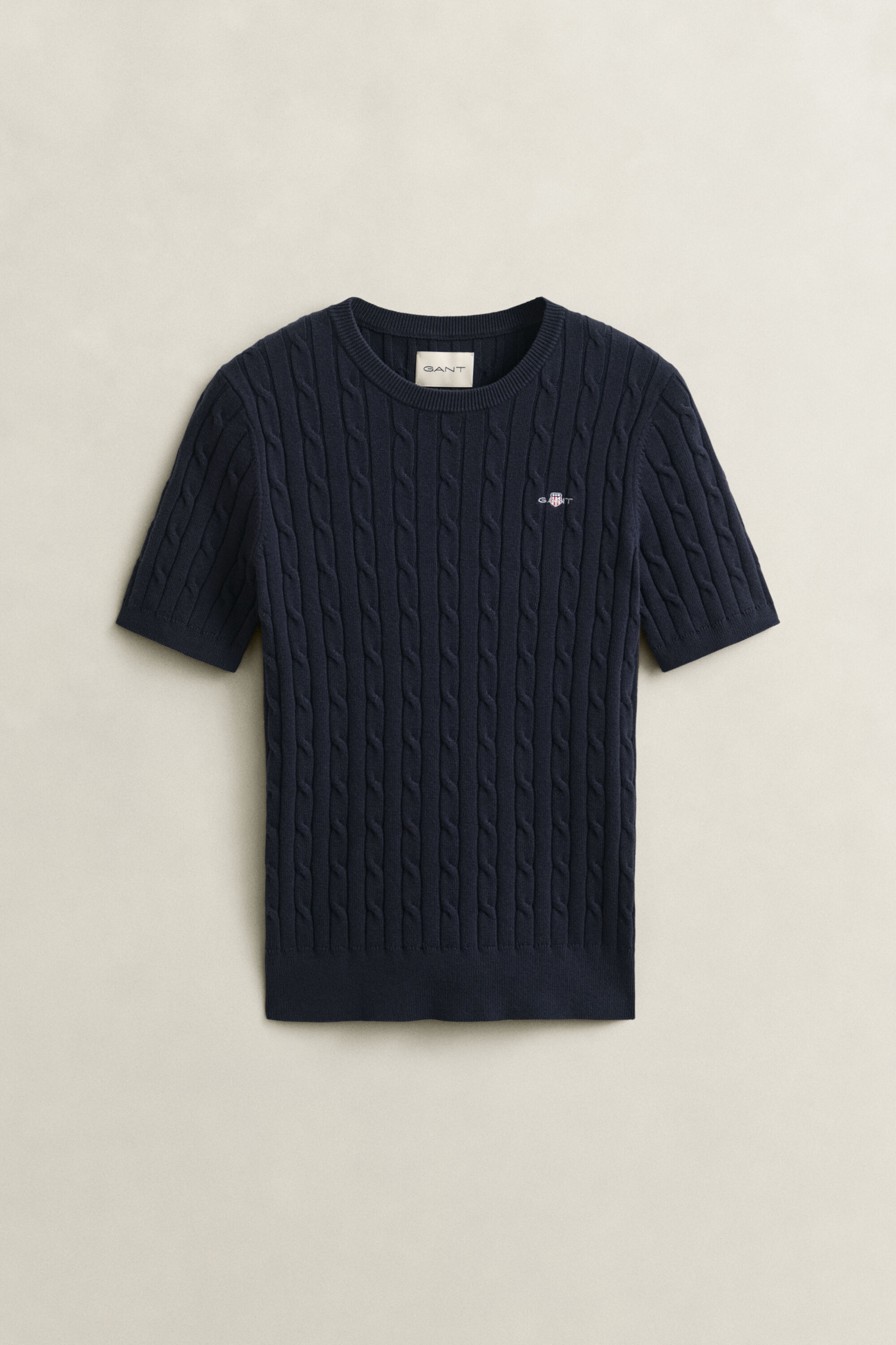Stretch Cotton Cable Knit Short Sleeve Sweater