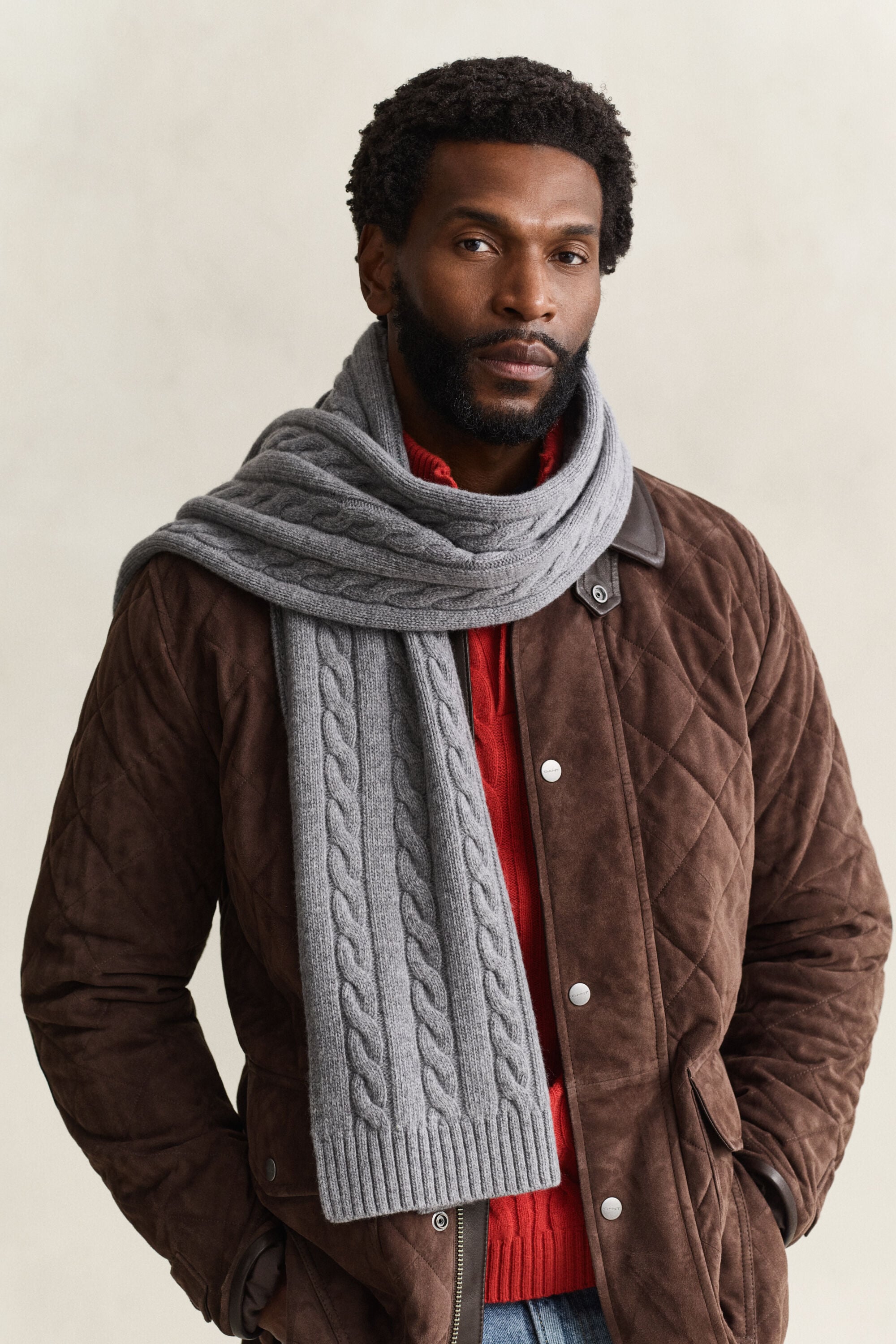 Lambswool Cable Knit Scarf — DARK GREY MELANGE