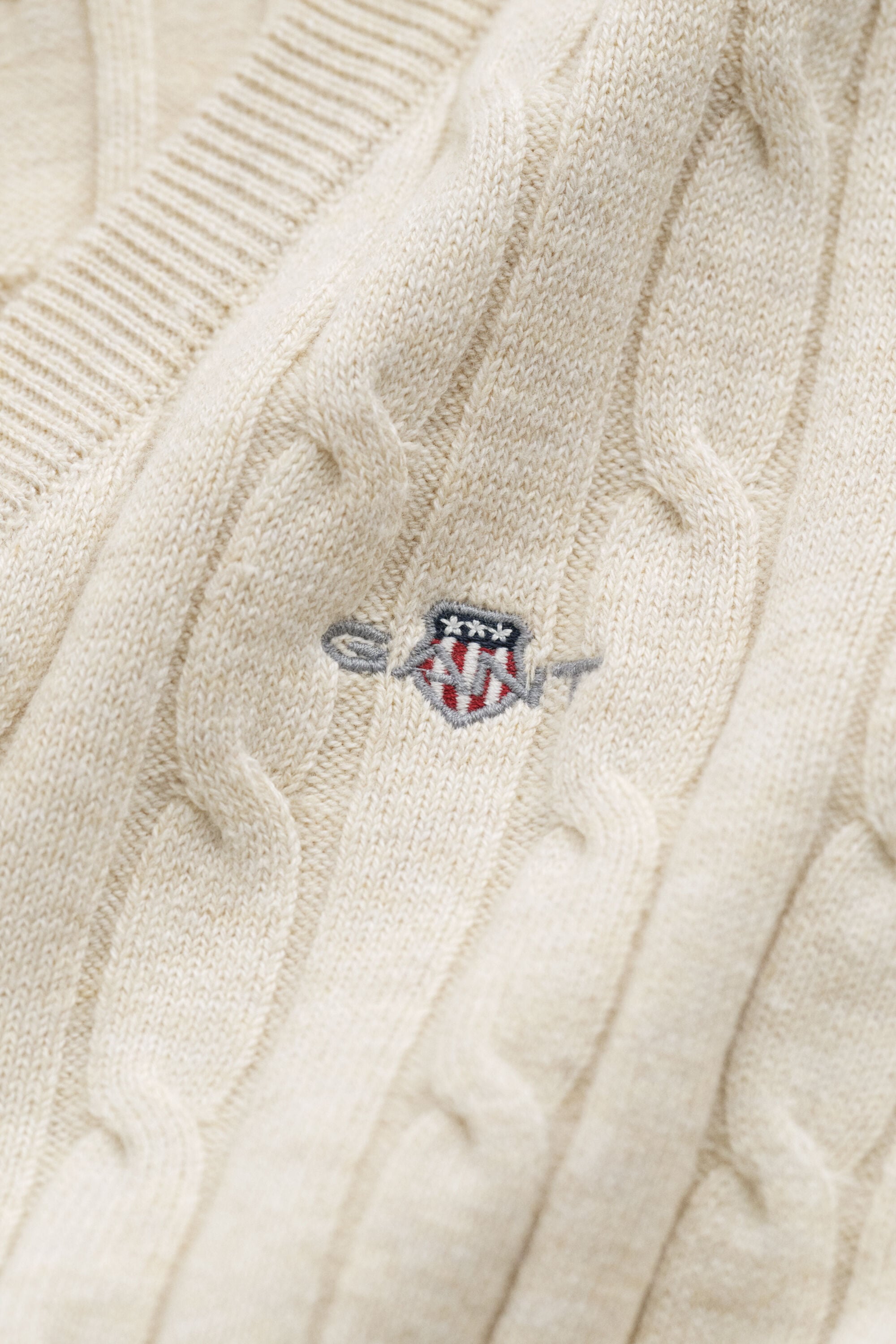 Stretch Cotton Cable Knit V-Neck Sweater