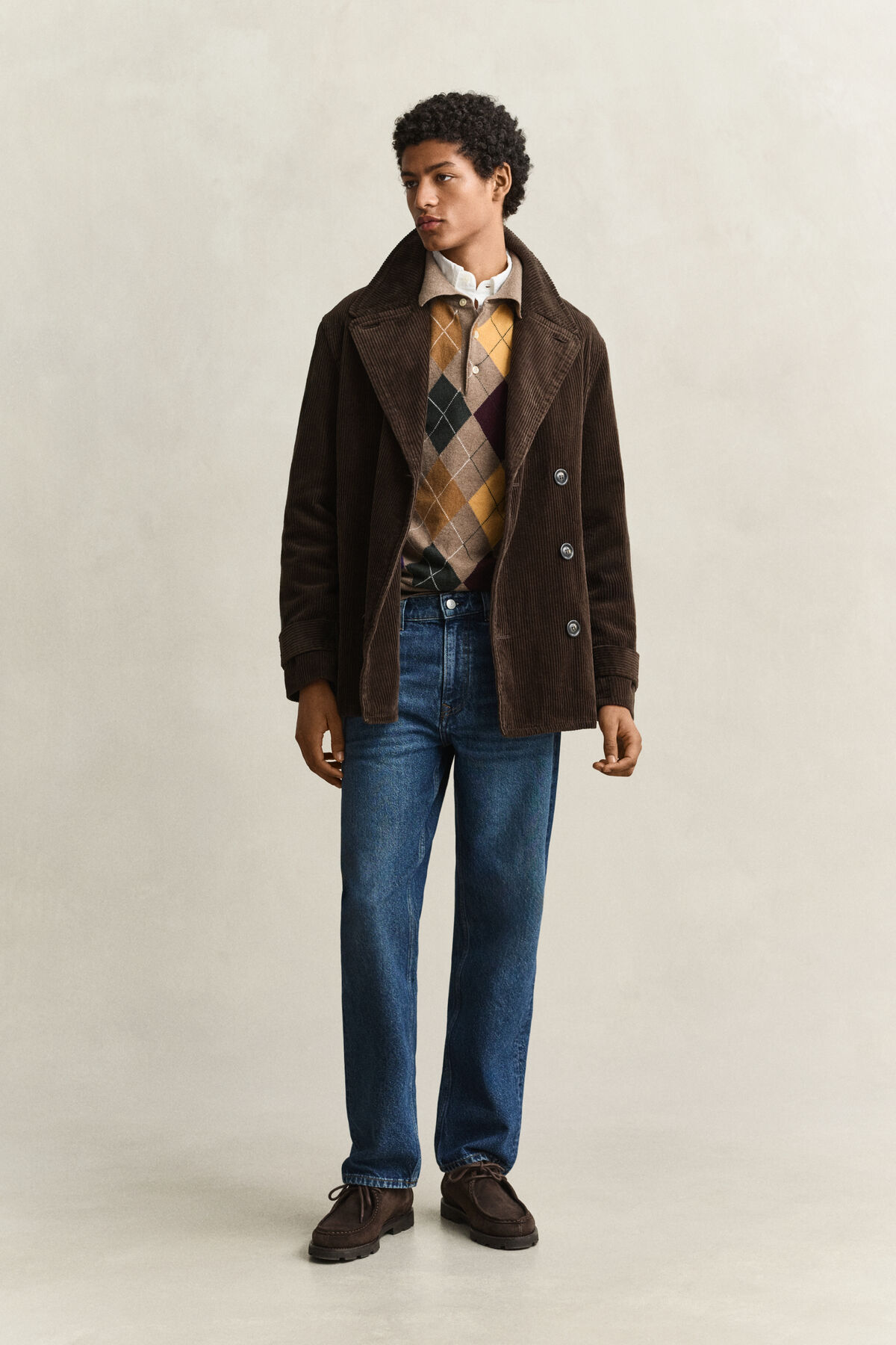 Superfine Lambswool Argyle Polo Sweater — LIGHT BROWN MELANGE