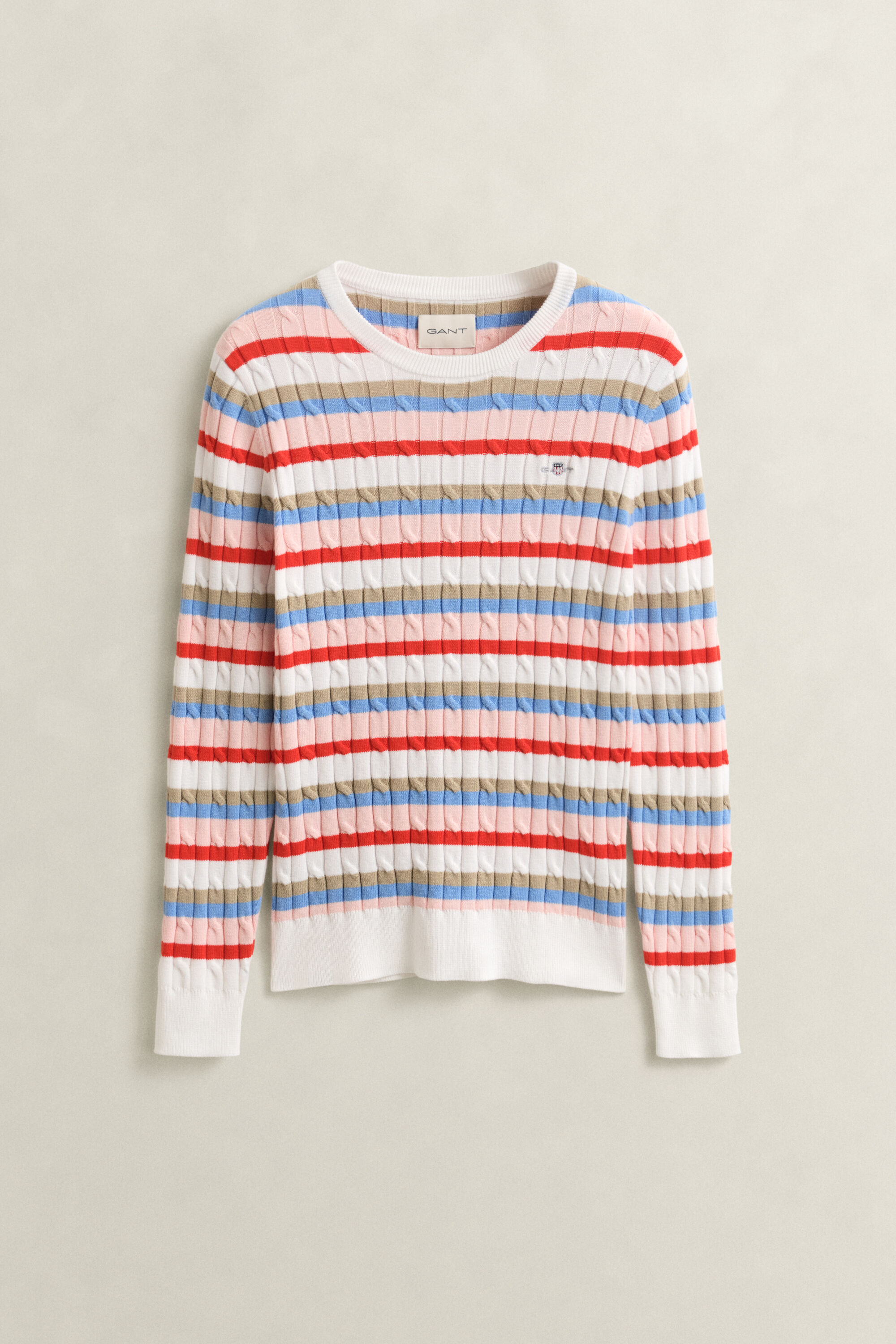 Striped Cable Knit Crew Neck Sweater