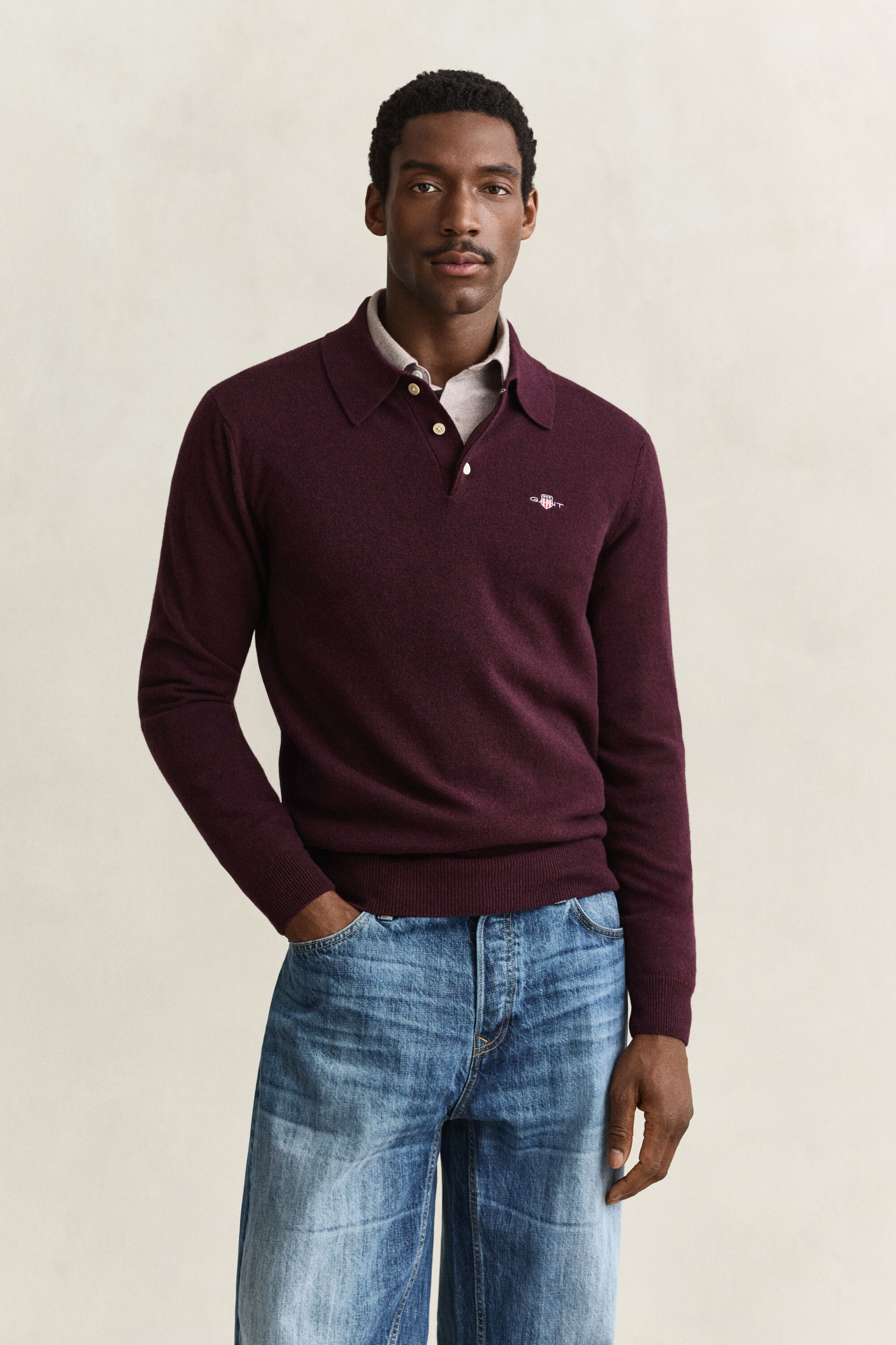 Superfine Lambswool Polo Sweater — DARKENED WINE