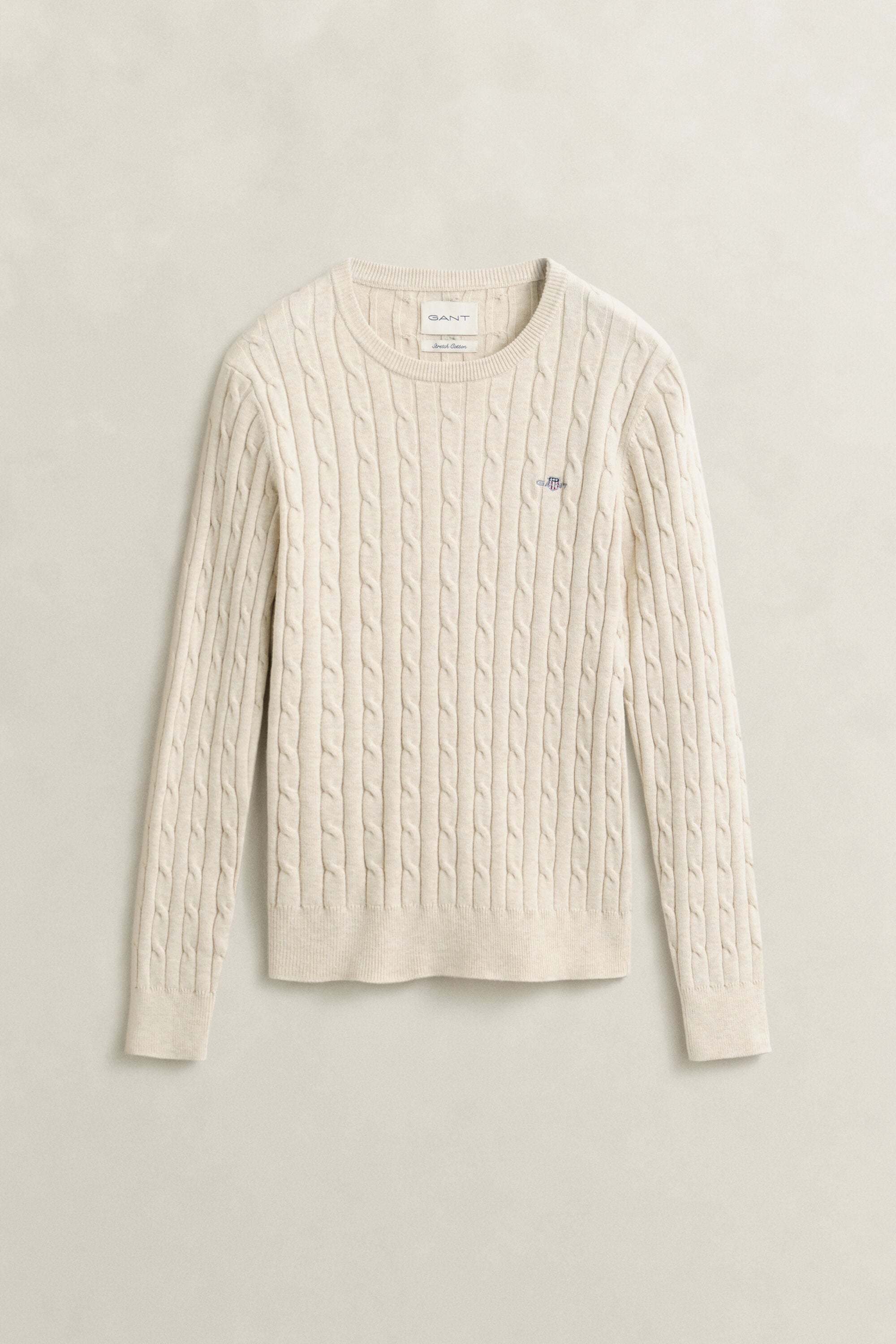 Stretch Cotton Cable Knit Crew Neck Sweater