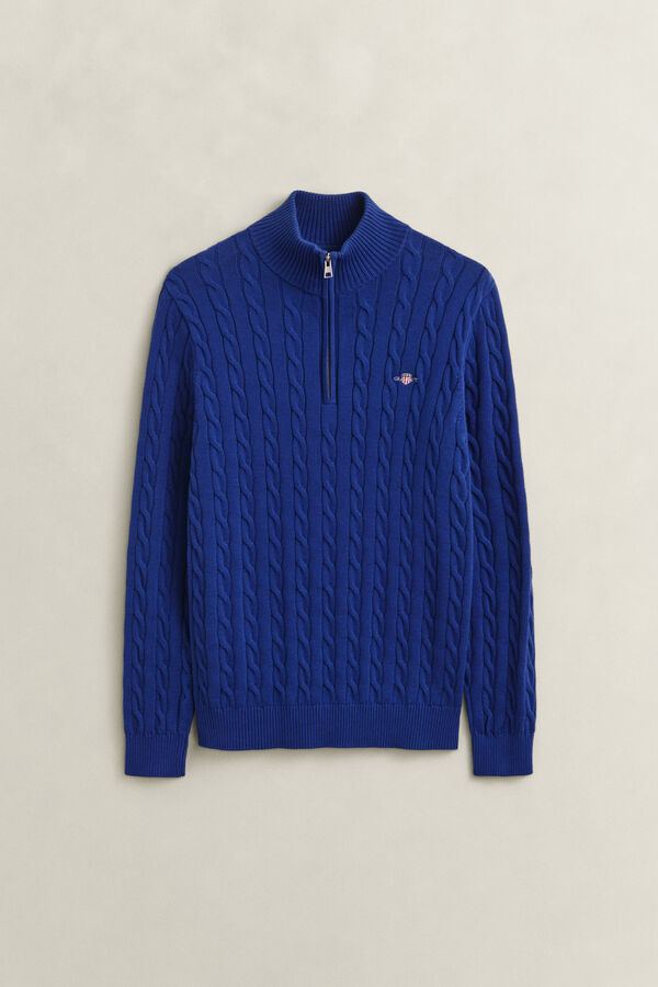 Cotton Cable Knit Half-Zip Sweater — CRISP BLUE