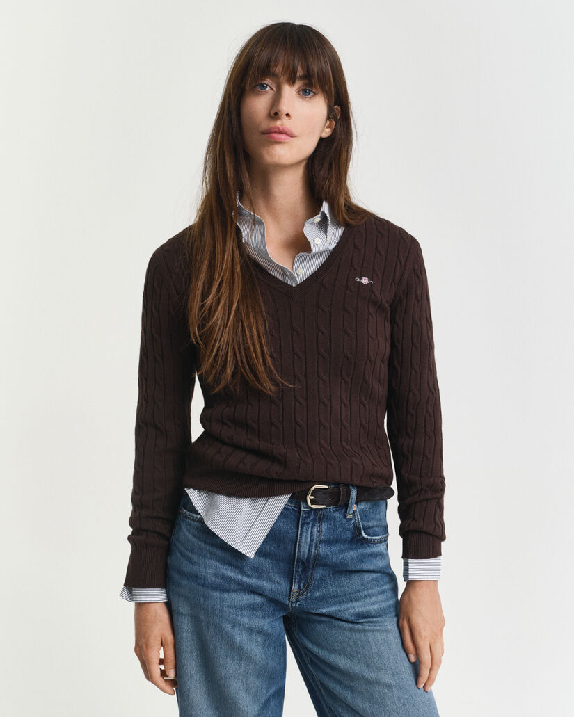 Stretch Cotton Cable Knit V-Neck Sweater