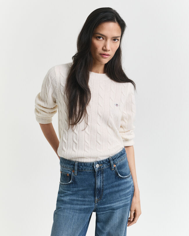 Lambswool Cable Knit Crew Neck Sweater