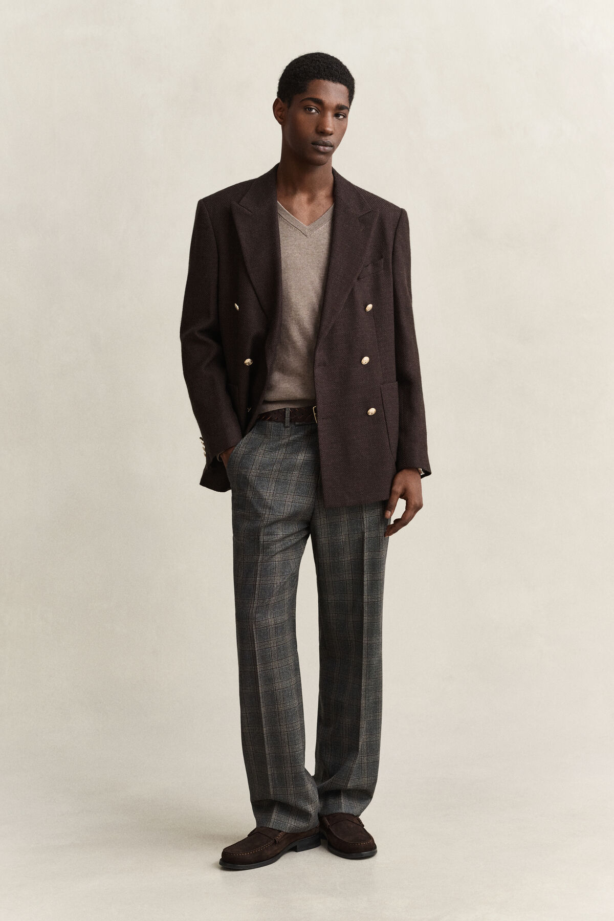 Cotton V-Neck Sweater — DK HAZELNUT MELANGE