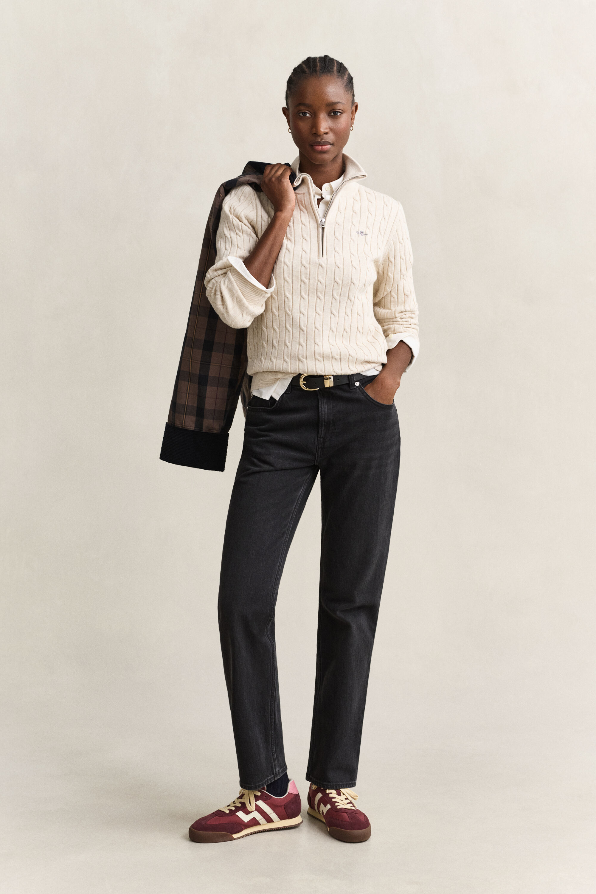 Stretch Cotton Cable Knit Half-Zip Sweater