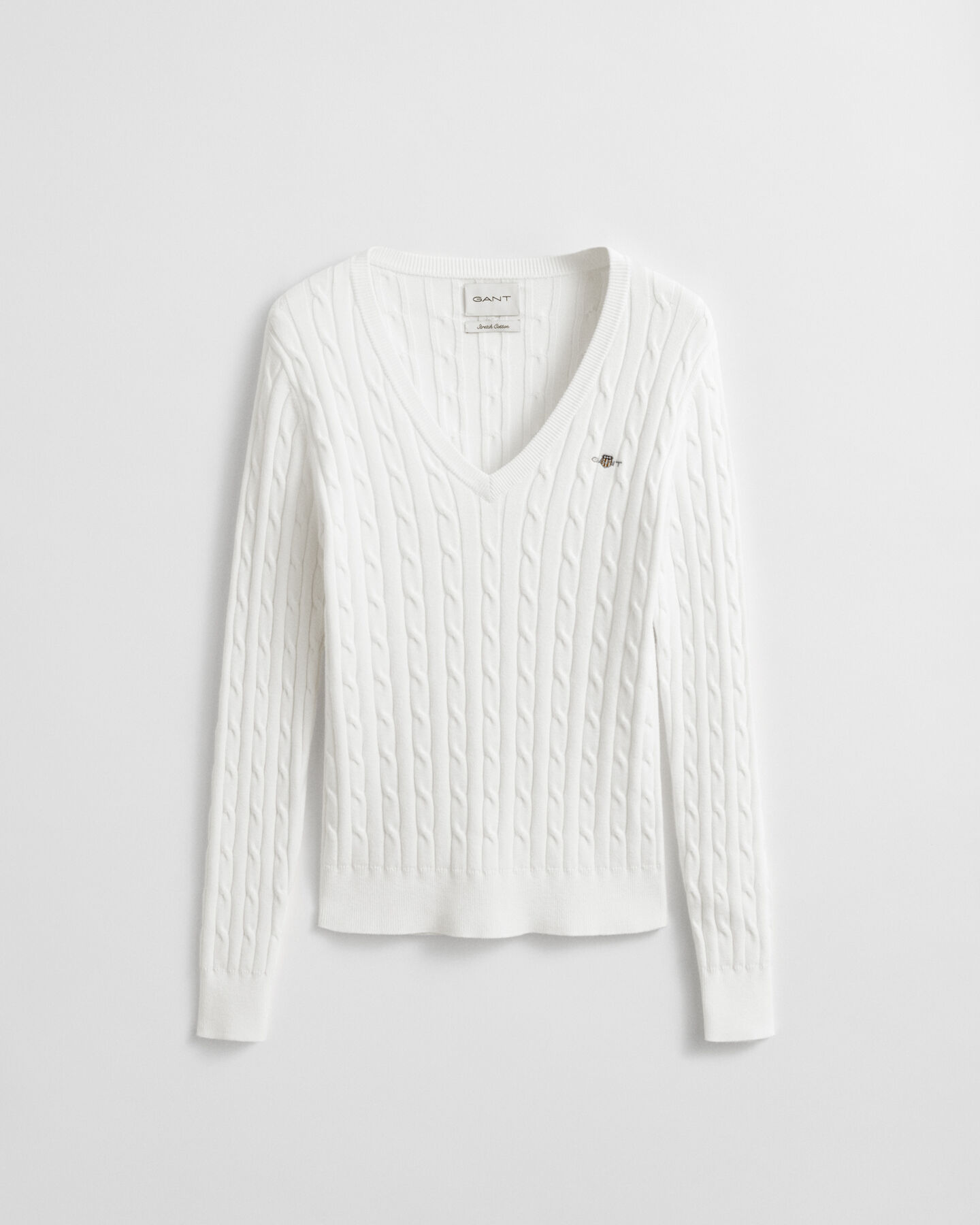 Stretch Cotton Cable Knit V-Neck Sweater