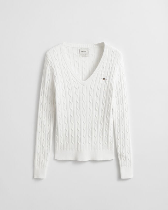 Stretch Cotton Cable Knit V-Neck Sweater