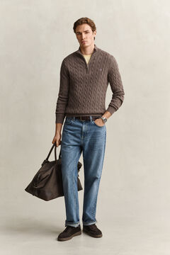 Cotton Cable Knit Half-Zip Sweater — FADED TAUPE 5