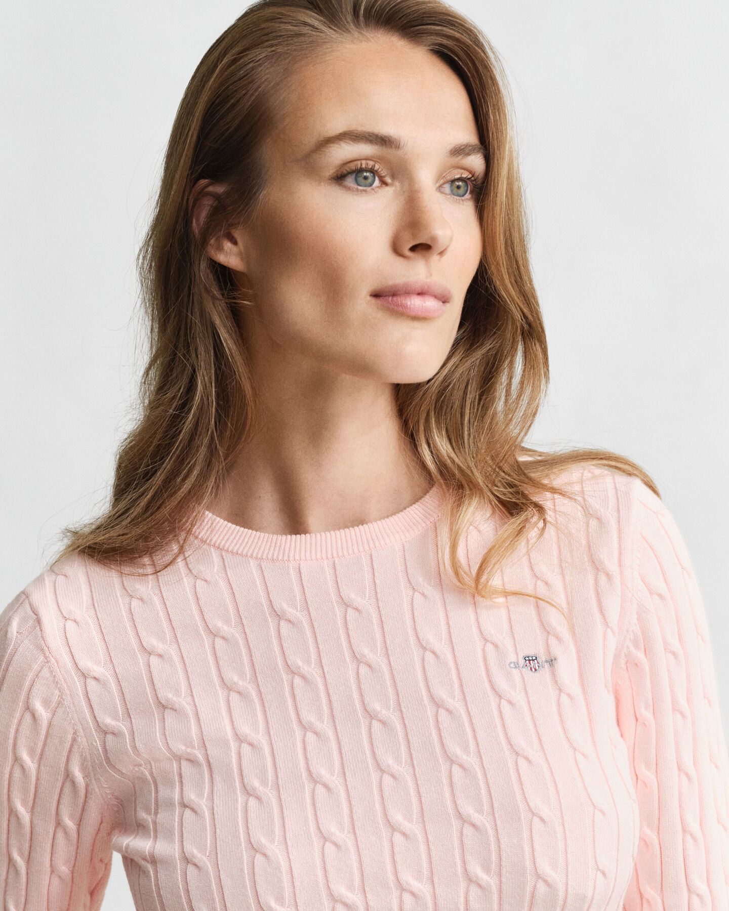 Stretch Cotton Cable Knit Crew Neck Sweater