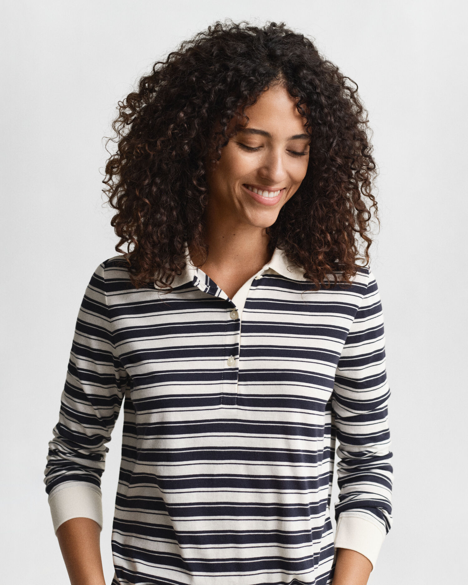 Striped Long Sleeve Polo Shirt — CREAM