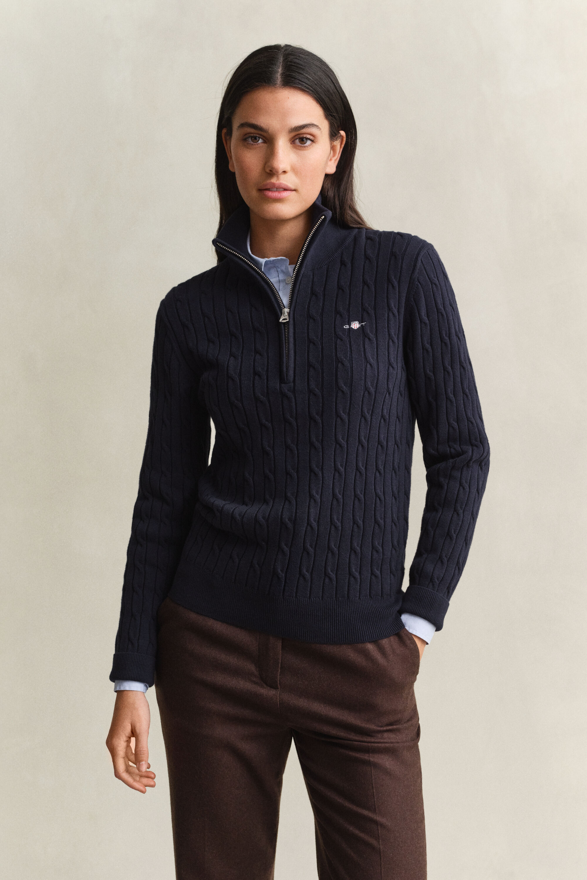 Stretch Cotton Cable Knit Half-Zip Sweater