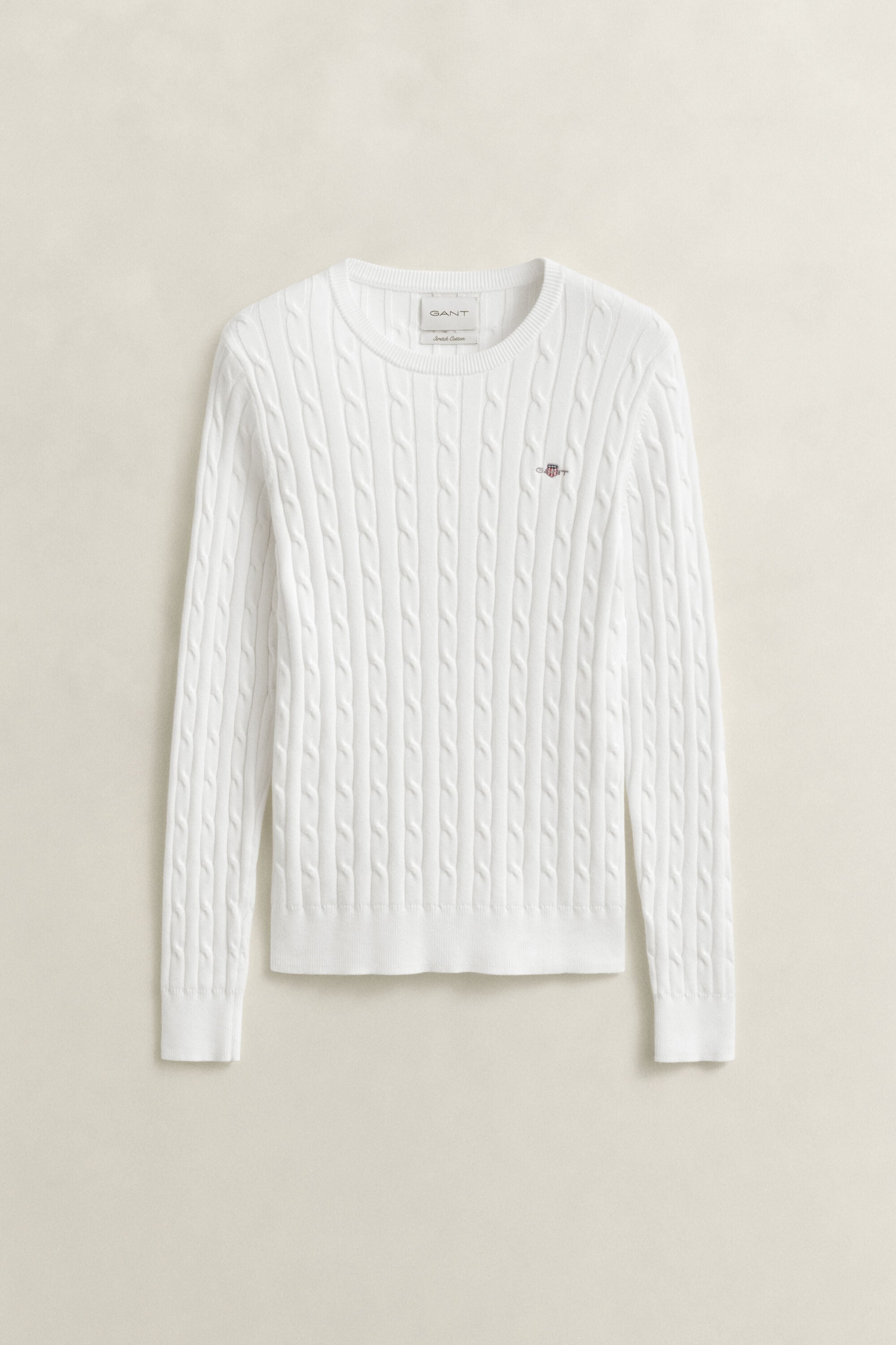 Stretch Cotton Cable Knit Crew Neck Sweater
