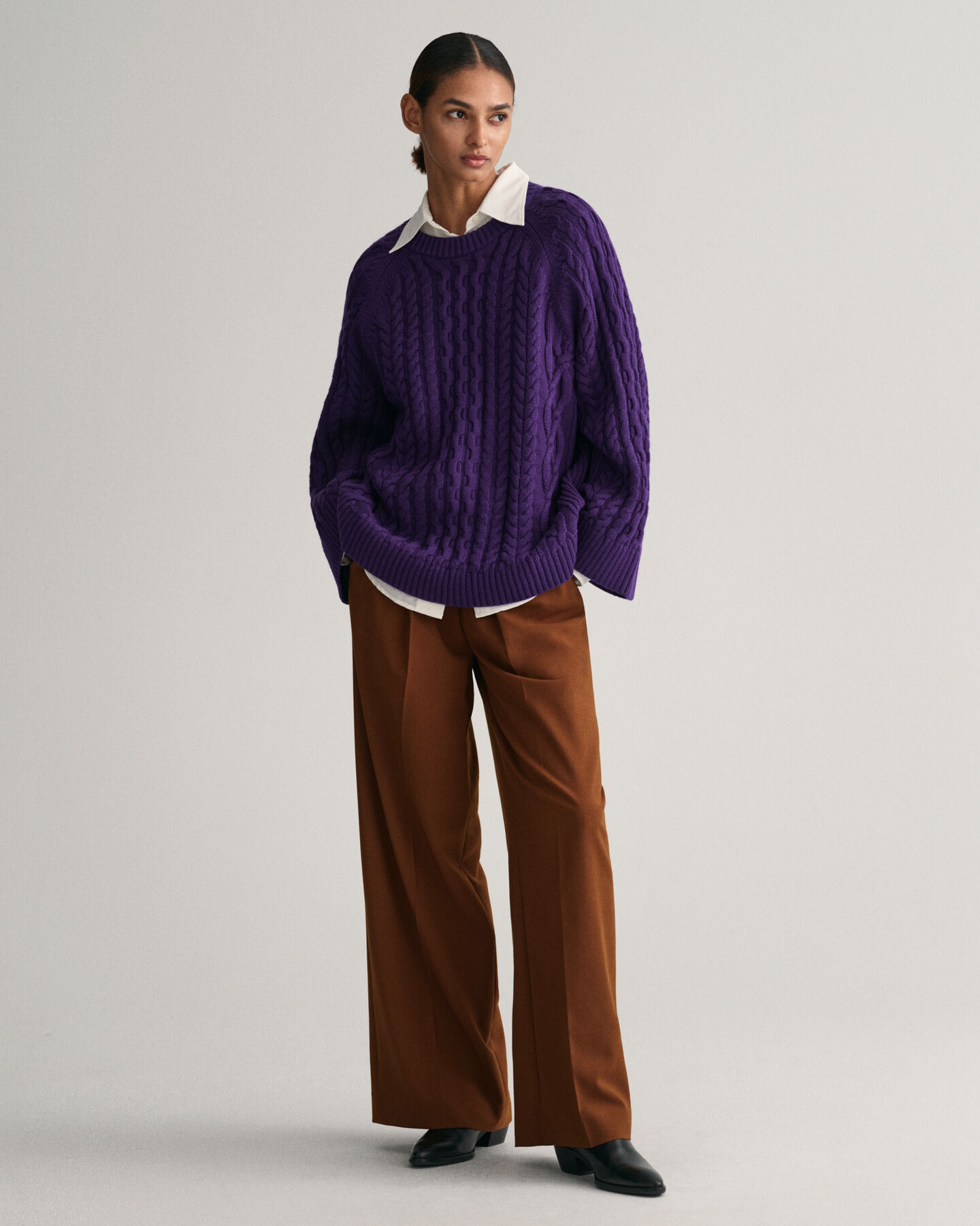 Oversized Cable Knit Crew Neck Sweater