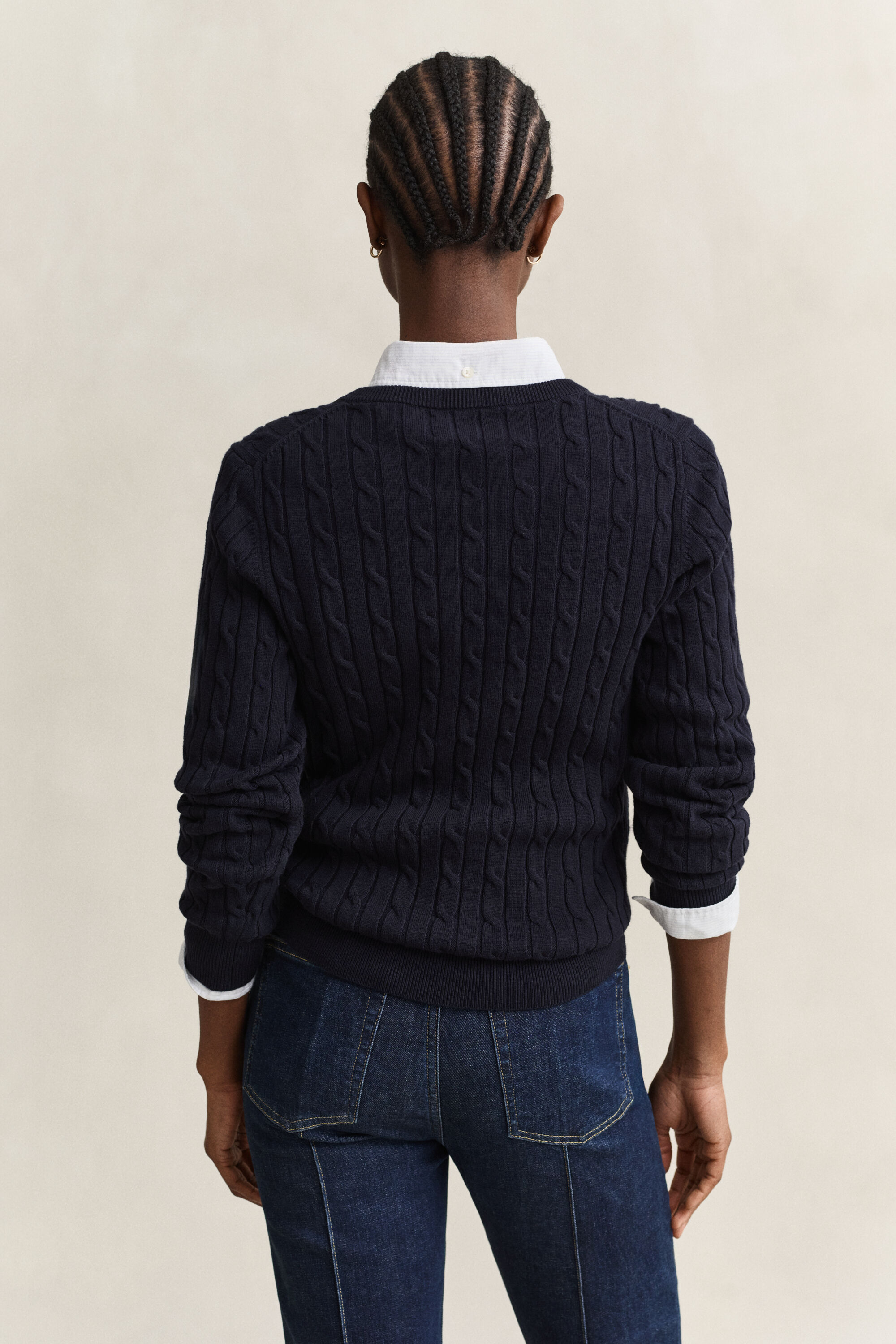 Stretch Cotton Cable Knit V-Neck Sweater